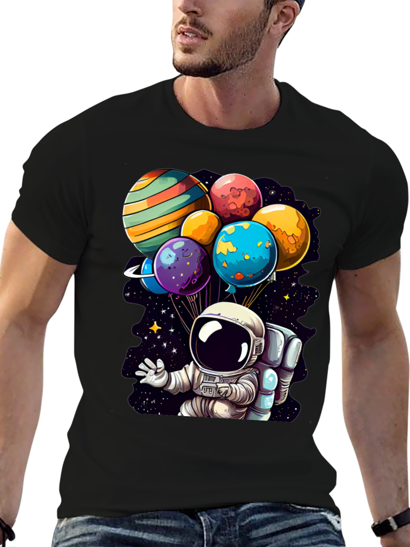 Black Astronaut Planet Balloons Graphic Tee view 6
