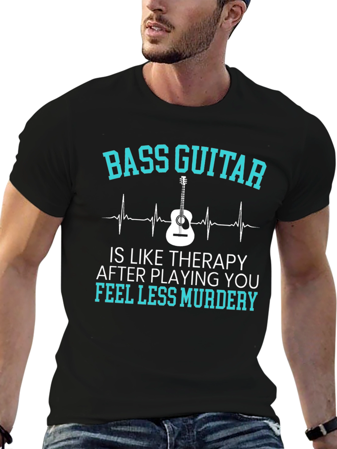 Black Bass Guitar Therapy Tee - Music Lover Gift view 6