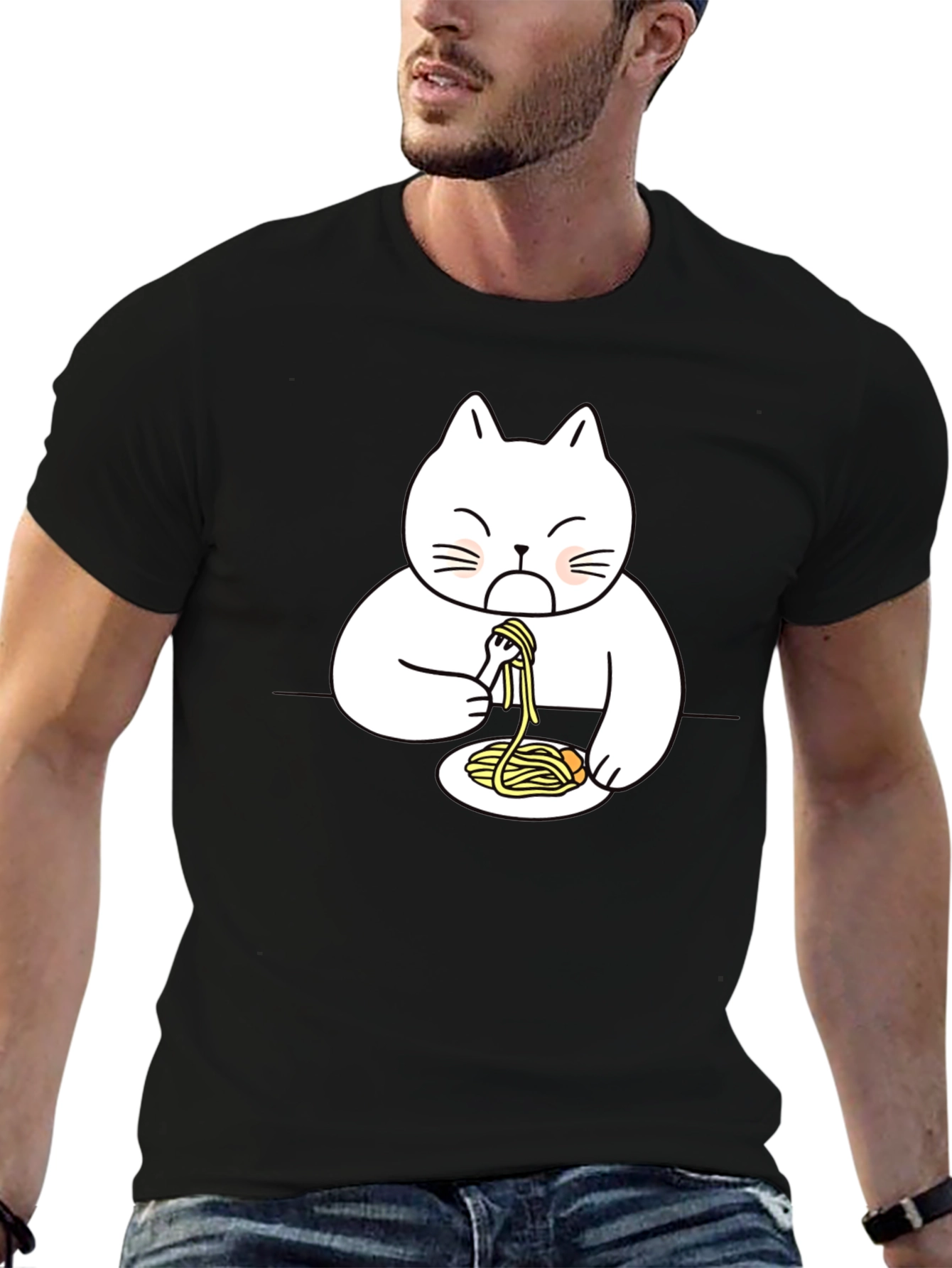 Black Cat Eating Spaghetti Funny T-Shirt view 6