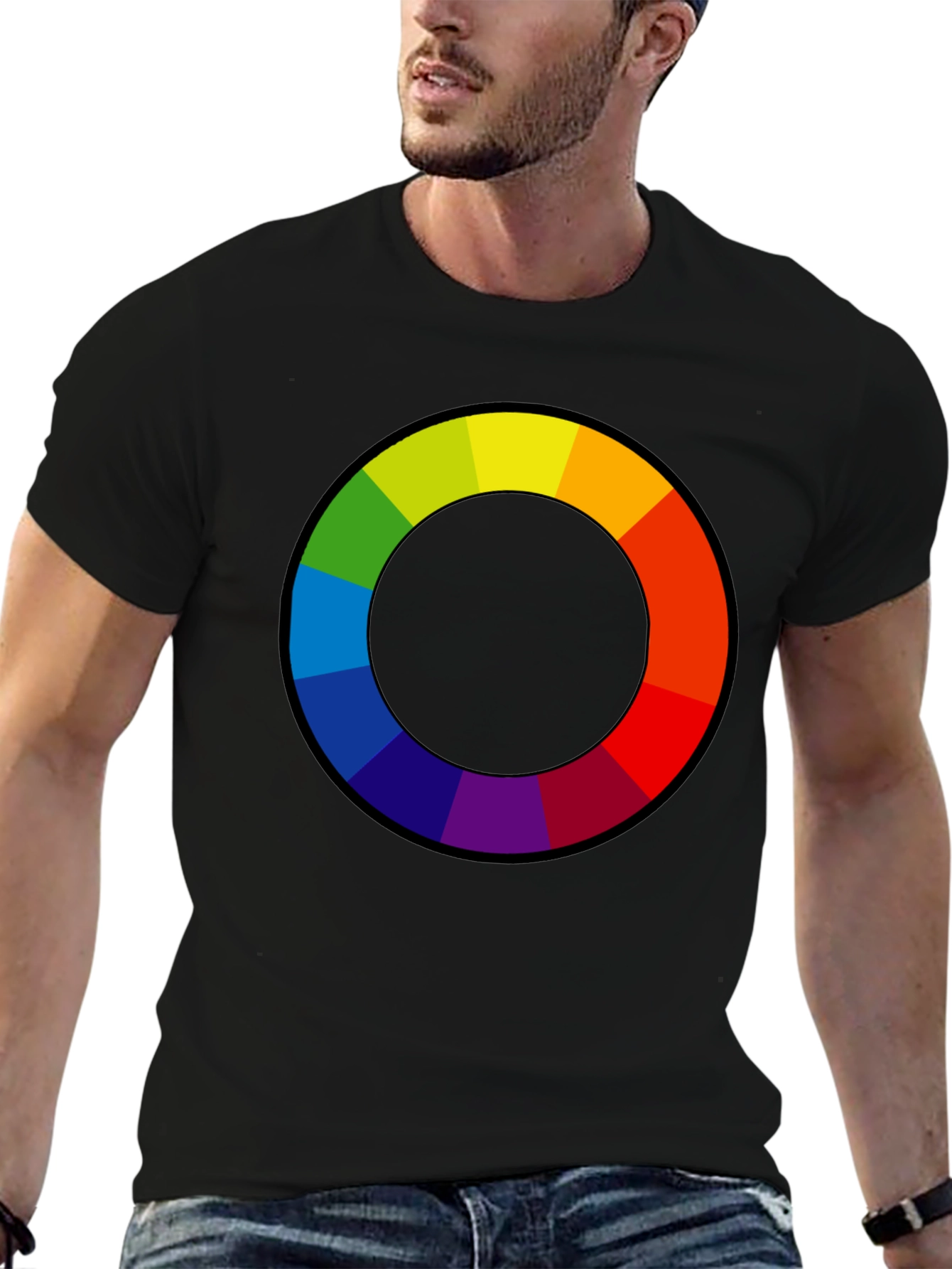 Black Vibrant Color Wheel Graphic T-Shirt view 6