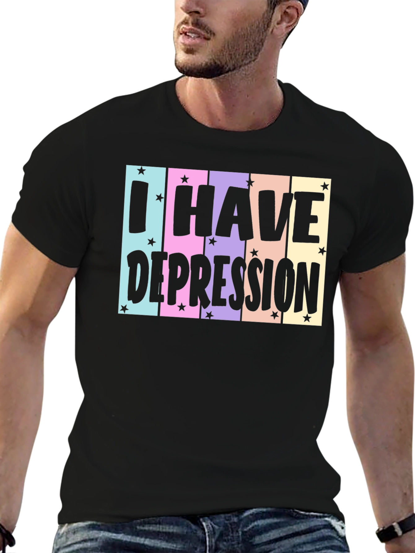 Black I Have Depression T-Shirt, Black Cotton Tee, Graphic Print view 6