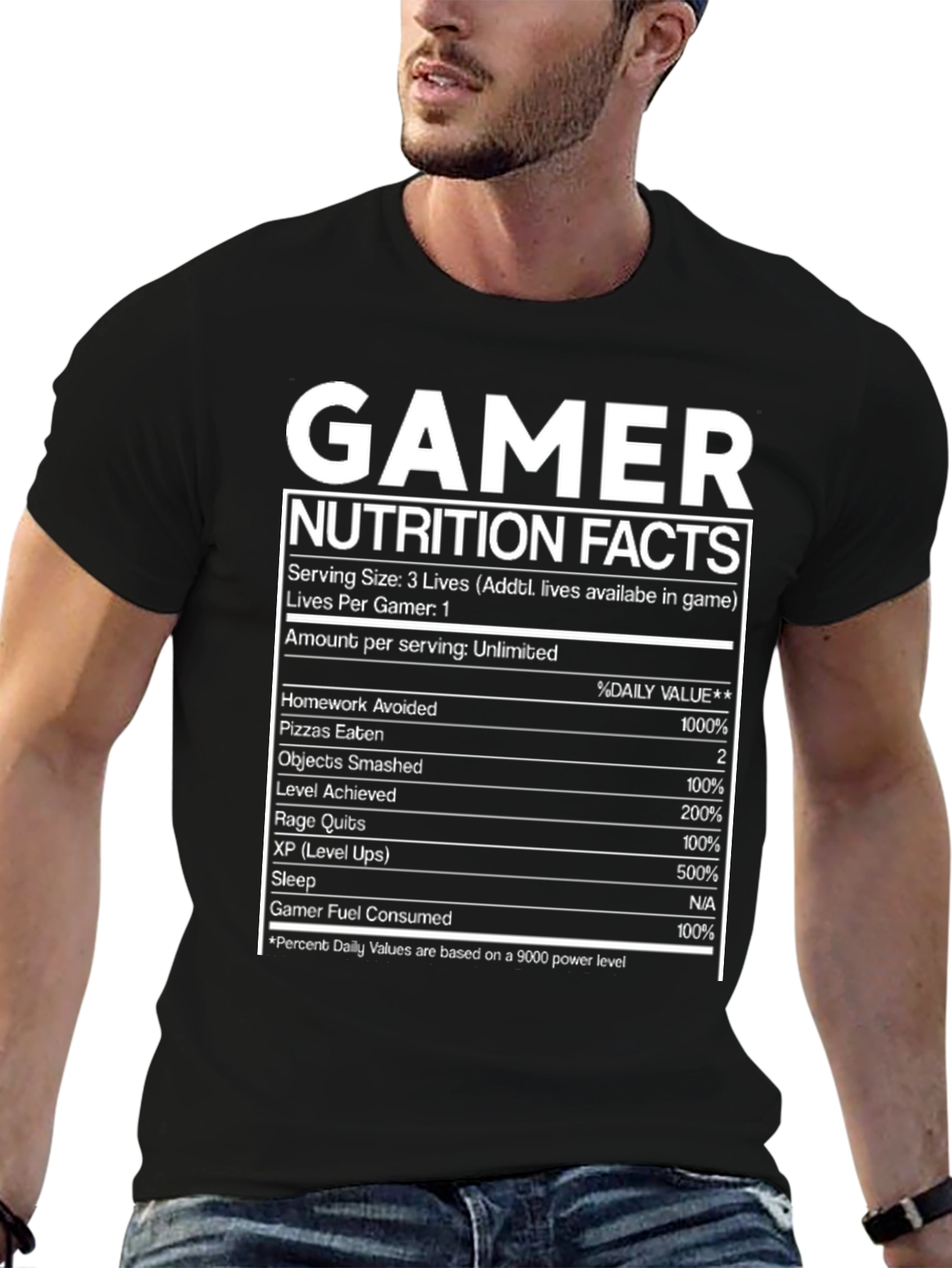 Black Gamer Nutrition Facts Black Graphic T-Shirt view 6