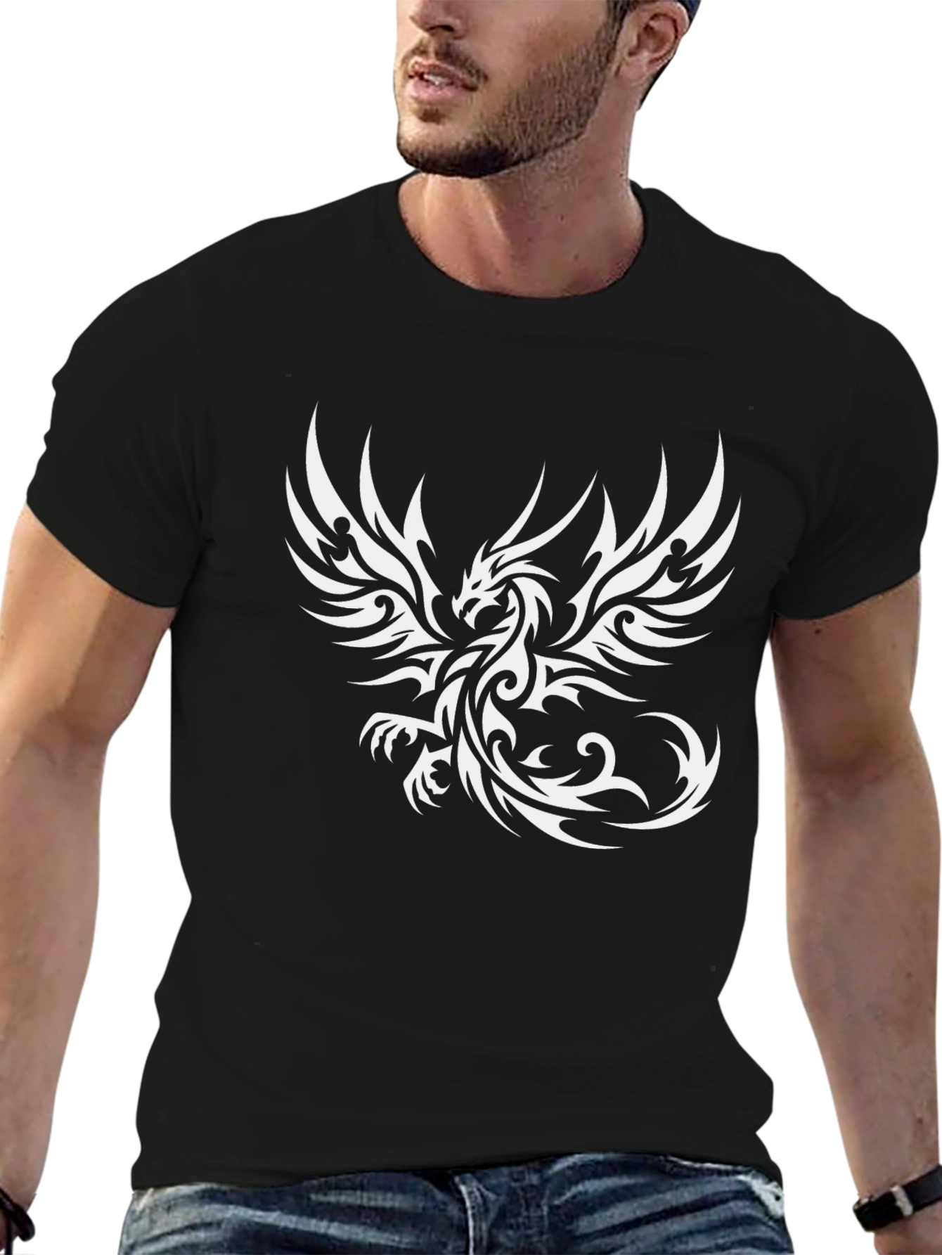 Black Phoenix Graphic Black T-Shirt - Bold Tribal Design view 6