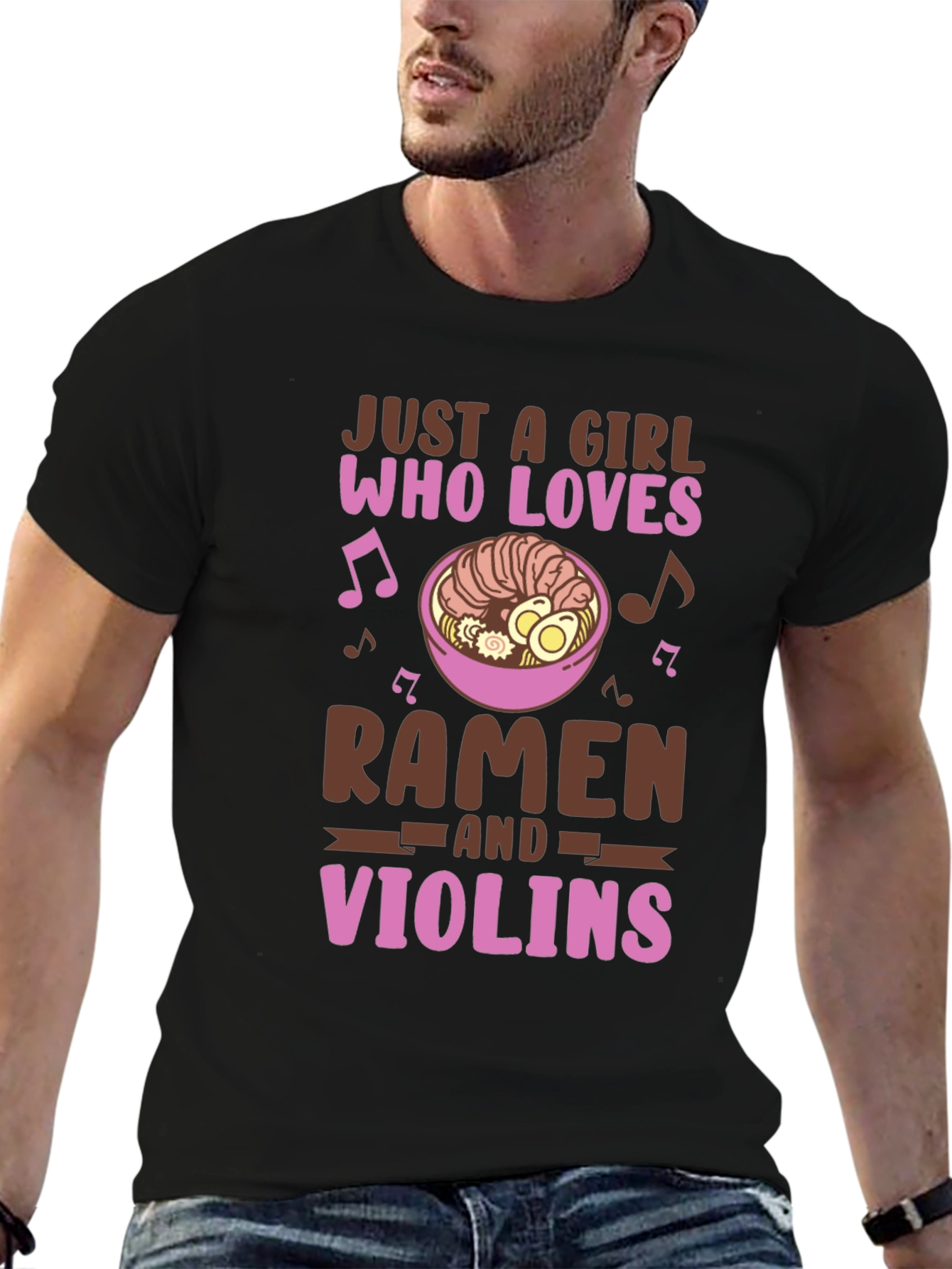 Black Ramen & Violin Lover T-Shirt - Cute Girl Design view 6
