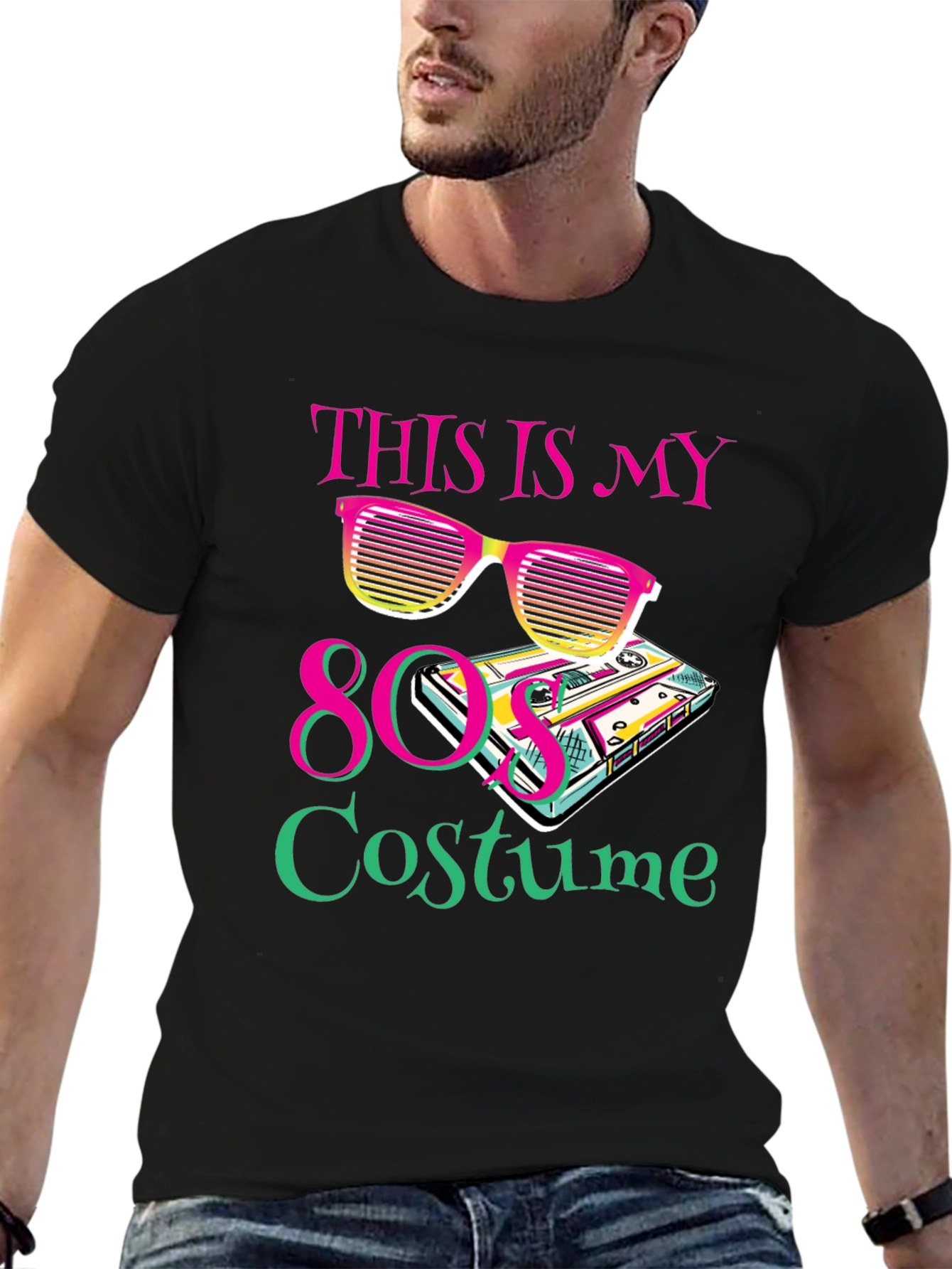 Black 80s Costume Party T-Shirt Retro Cassette Tape Sunglasses view 6