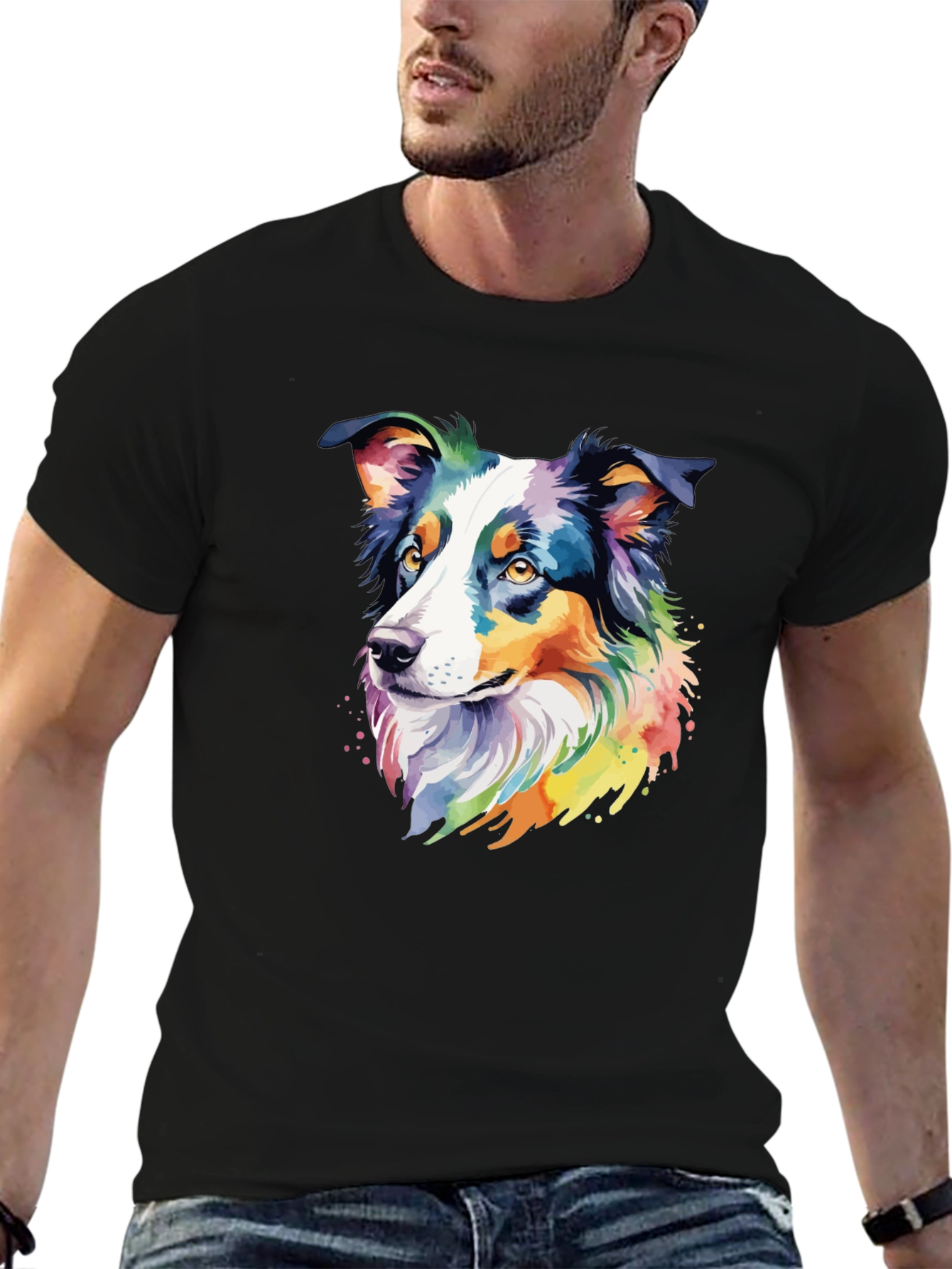 Black Colorful Australian Shepherd Dog Graphic T-Shirt view 6