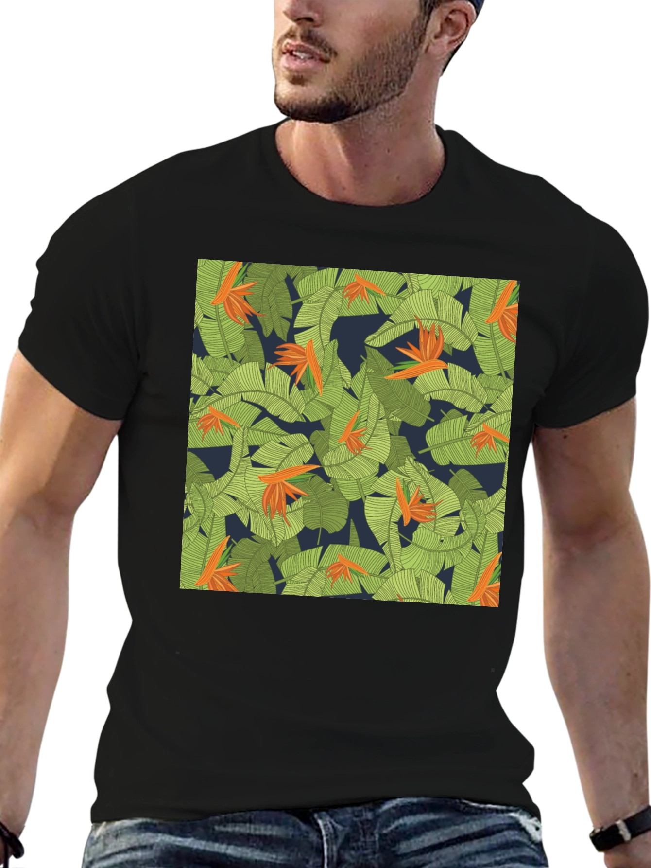 Black Tropical Floral Print T-Shirt view 6