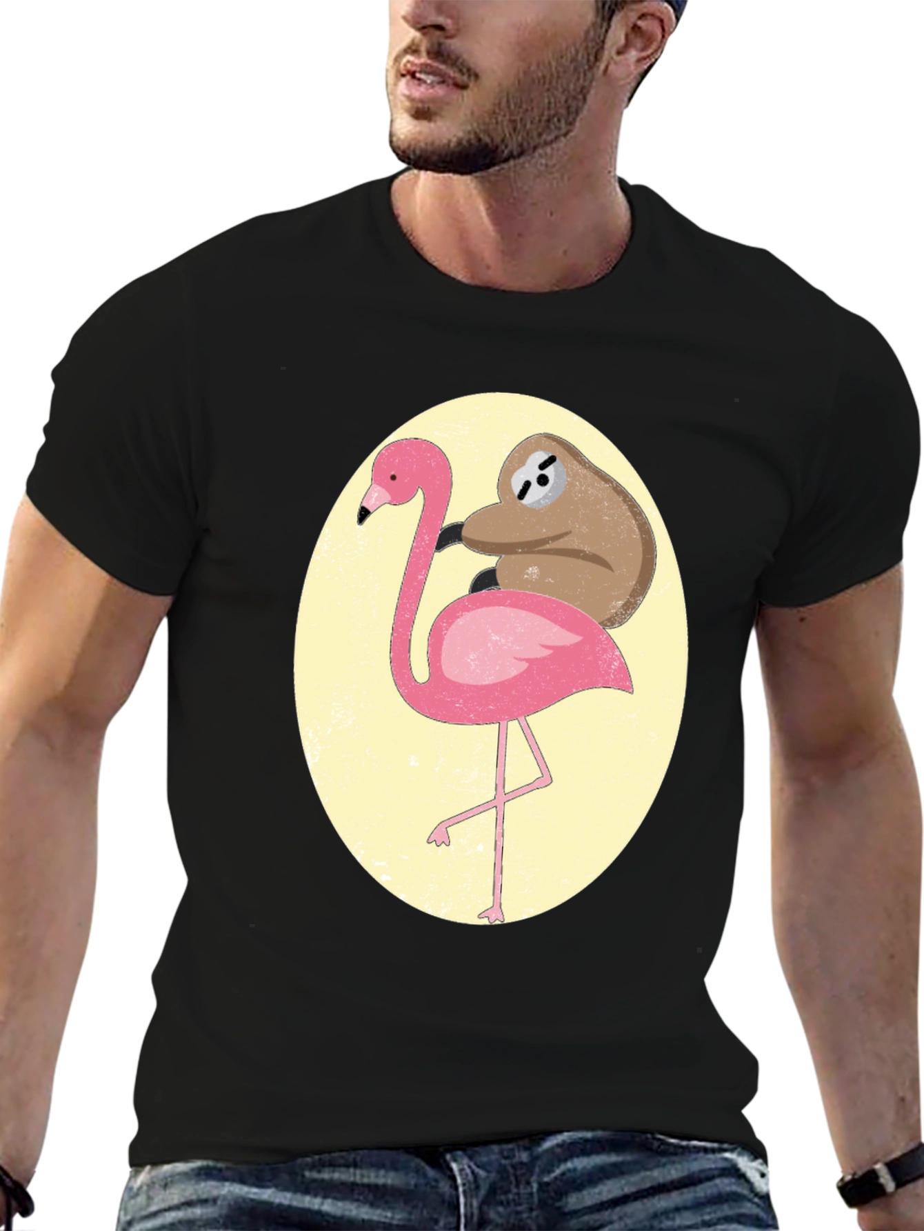Black Sloth Riding Flamingo Graphic Tee - Black Cotton T-Shirt view 6