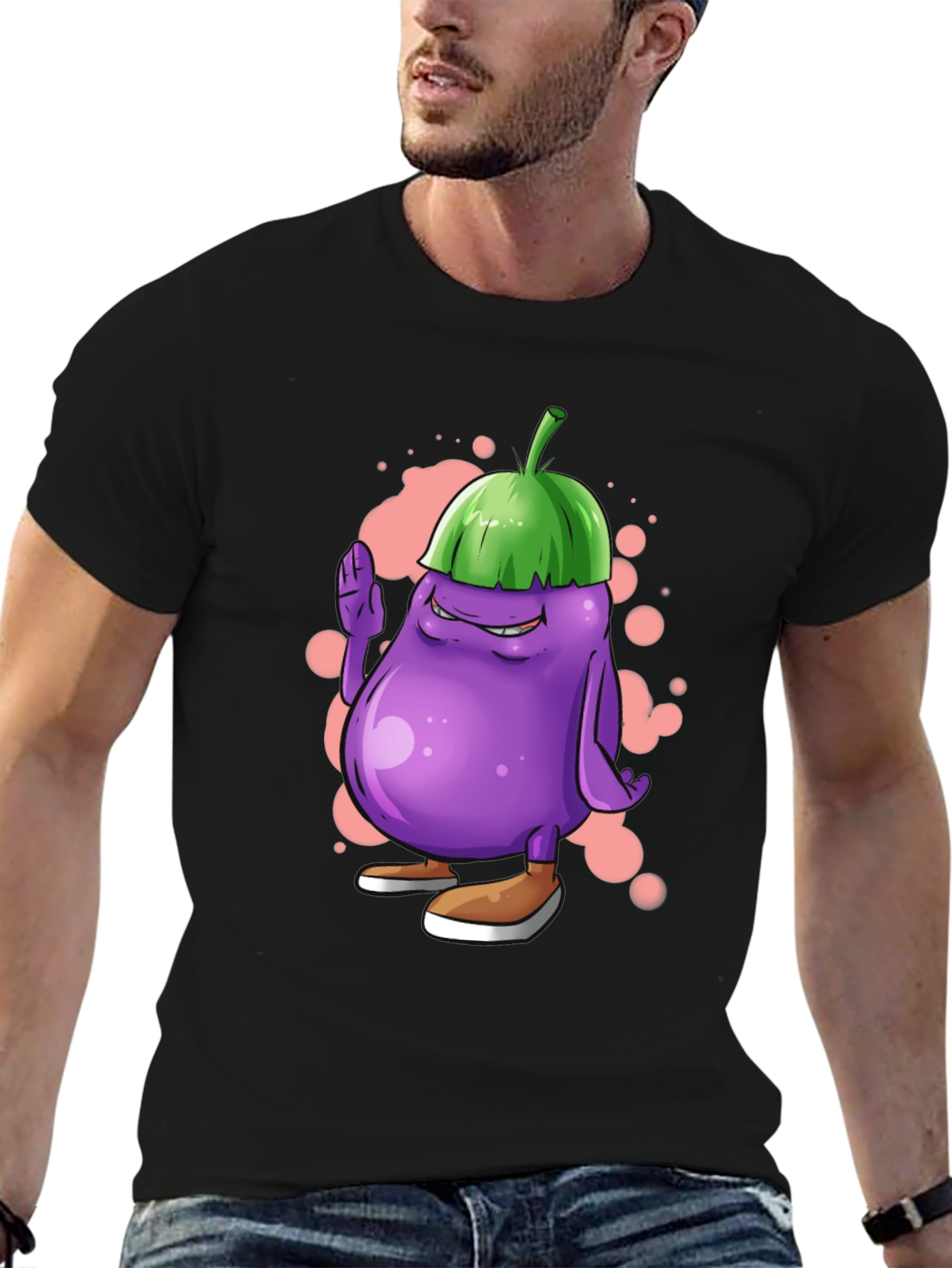 Black Eggplant Cartoon Graphic Tee view 6
