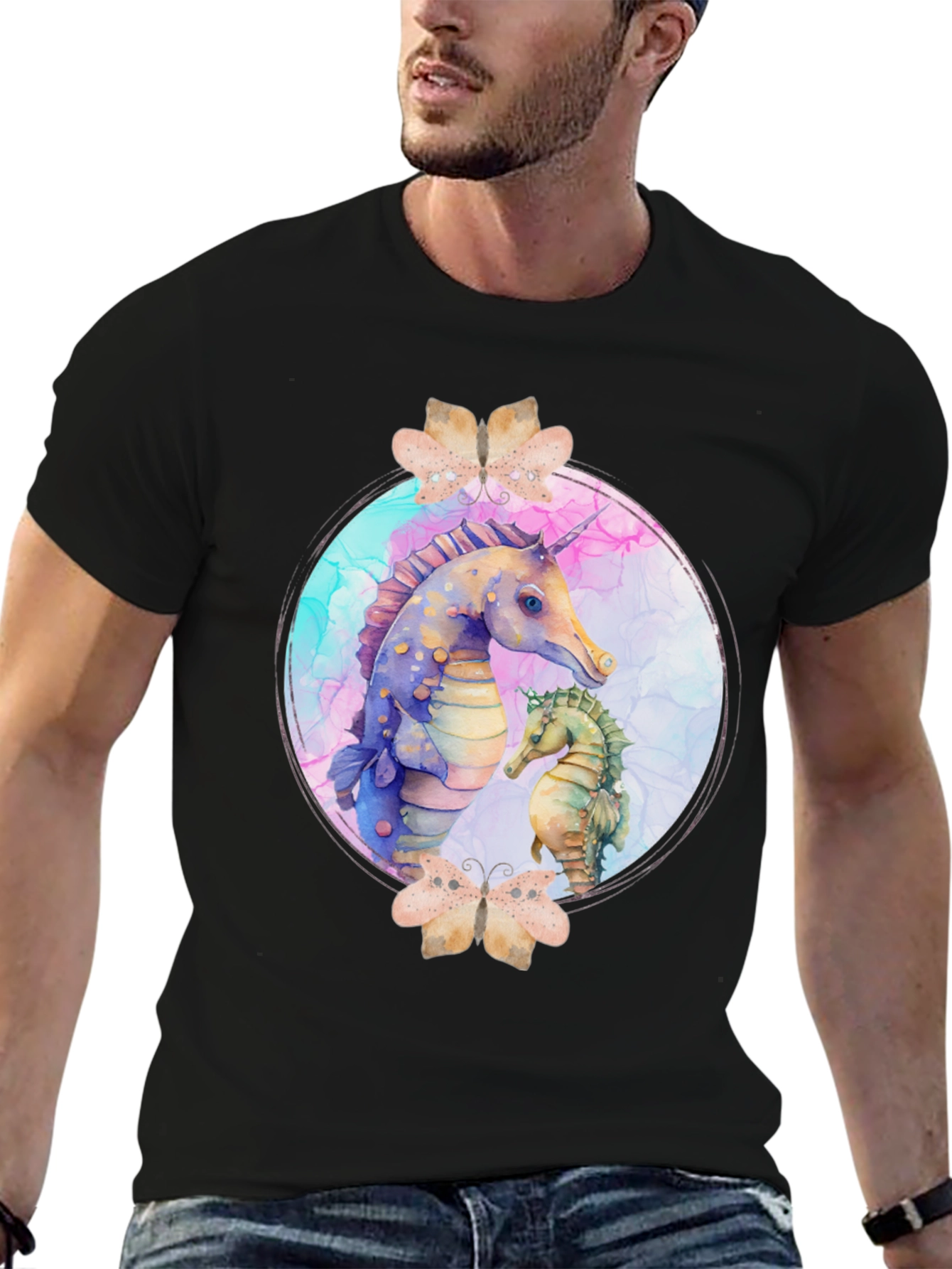 Black Watercolor Seahorse T-Shirt - Black view 6