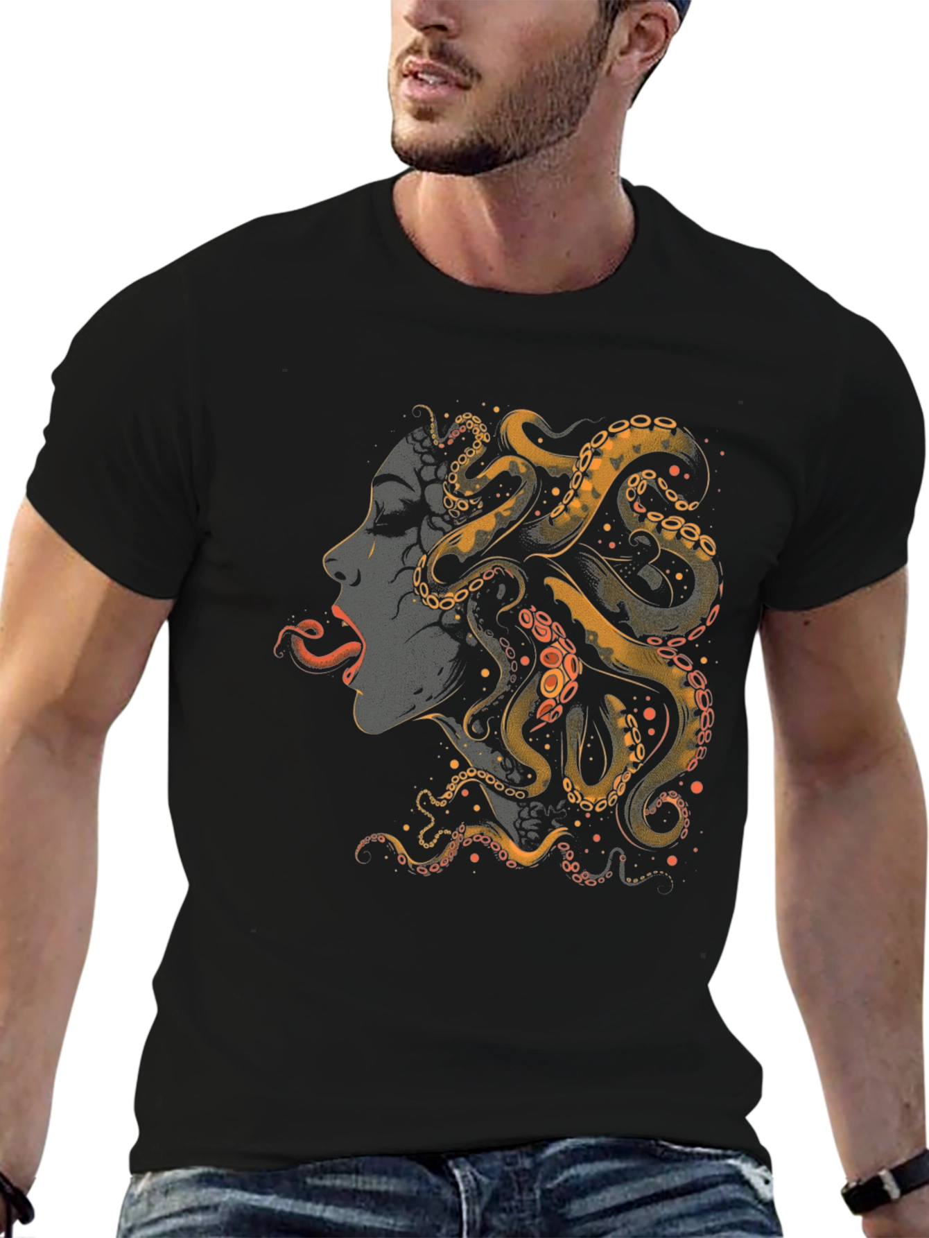 Black Octopus Woman Graphic Tee - Black Cotton T-Shirt view 6