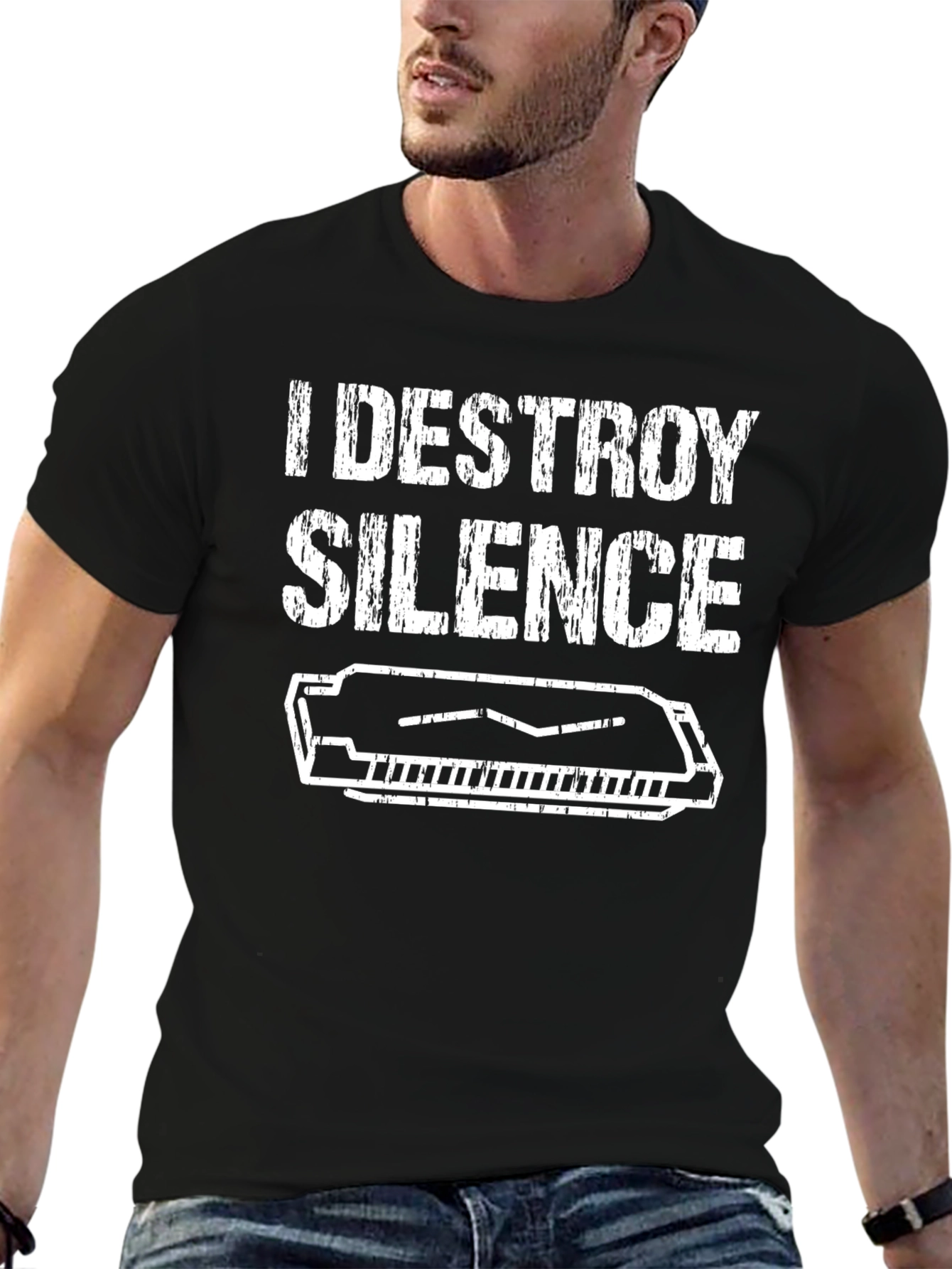 Black I Destroy Silence Harmonica T-Shirt view 6