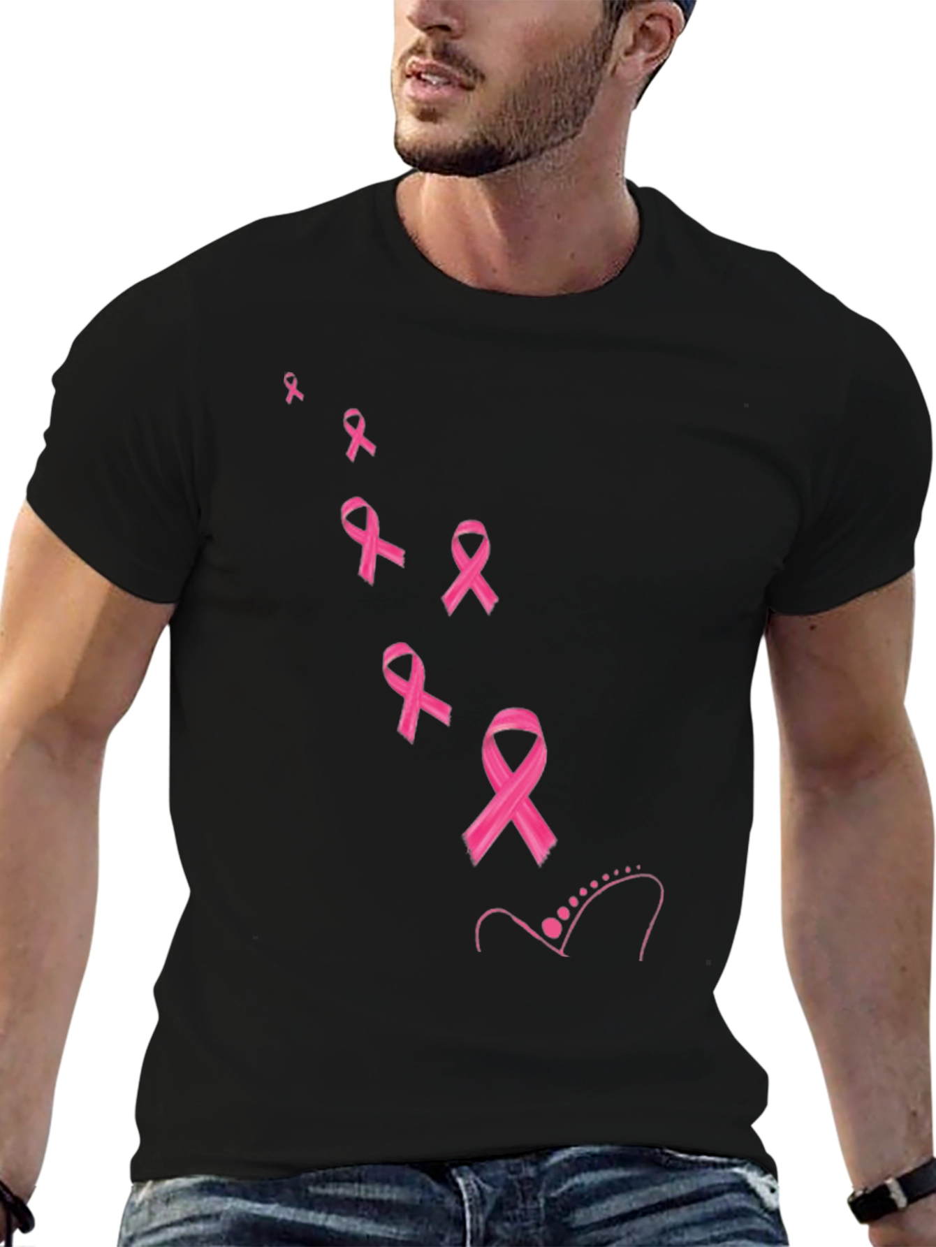 Black Pink Ribbon Awareness Black T-Shirt view 6