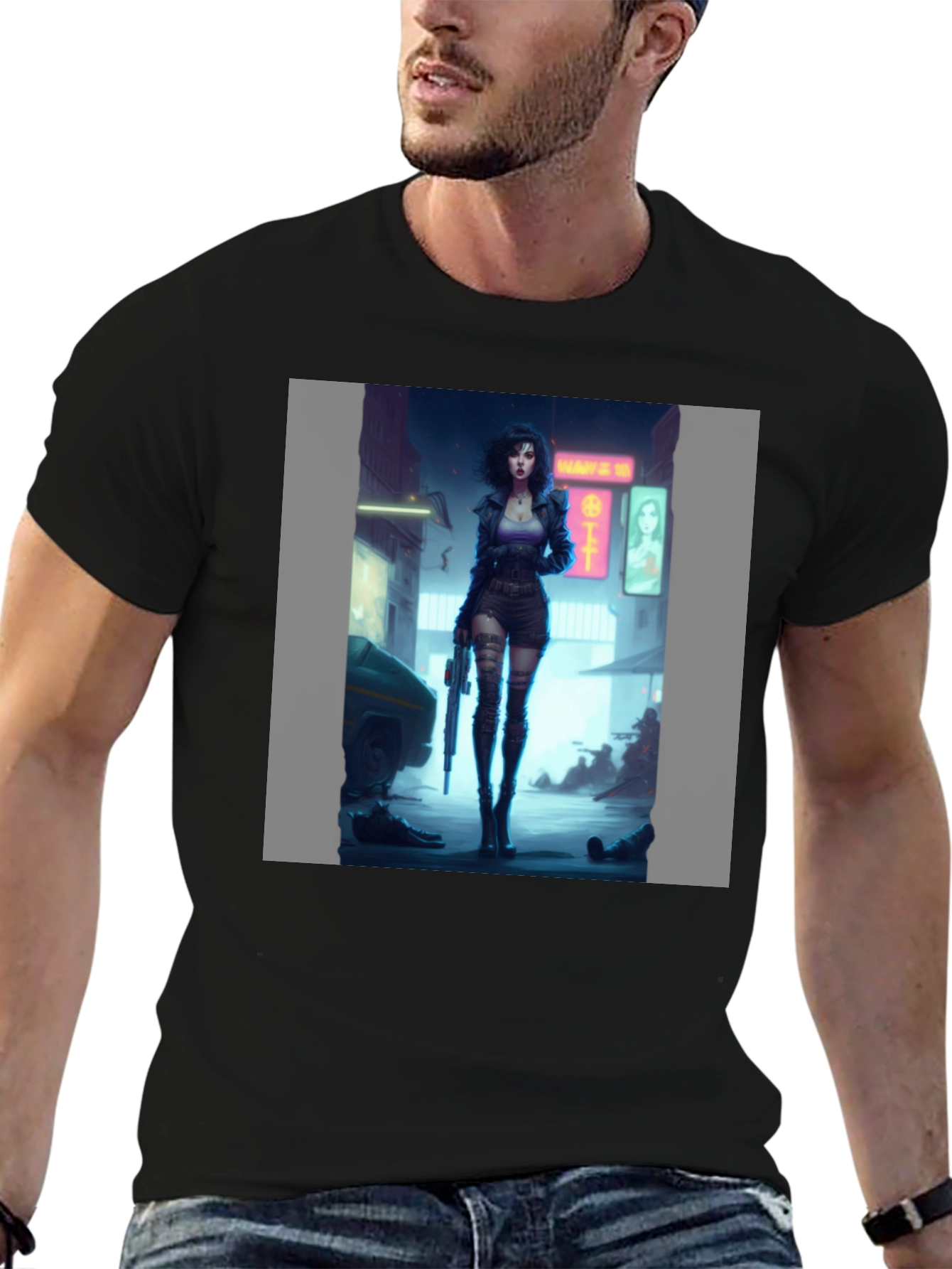 Black Cyberpunk Girl Graphic Black T-Shirt view 6