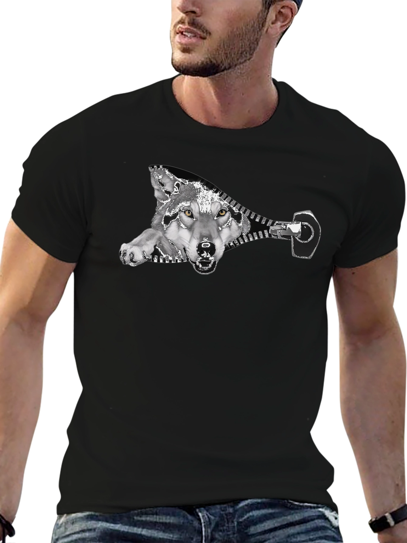 Black Wolf Zipper Graphic Print Black T-Shirt view 6