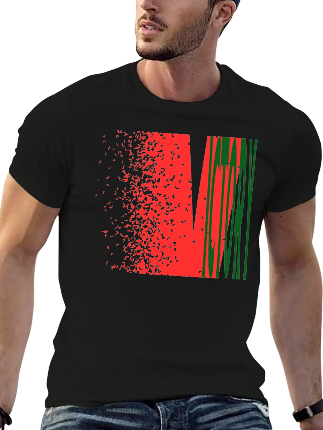 Black Abstract Graphic Tee - Red & Green Design, Black Shirt view 6