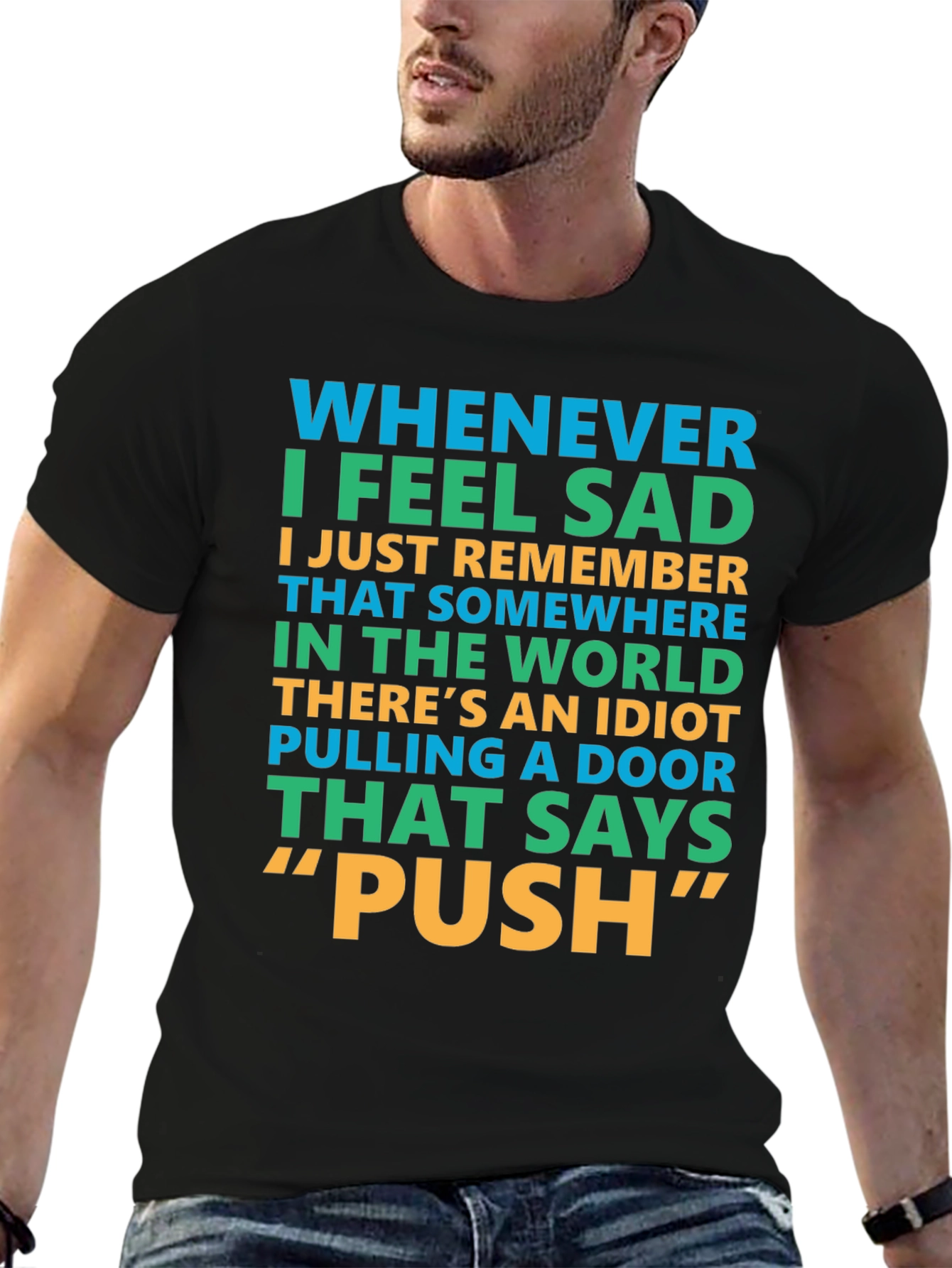 Black Funny "Push" Door T-Shirt view 6