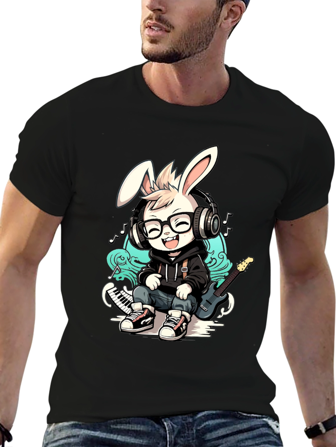 Black Cool Bunny Musician T-Shirt view 6