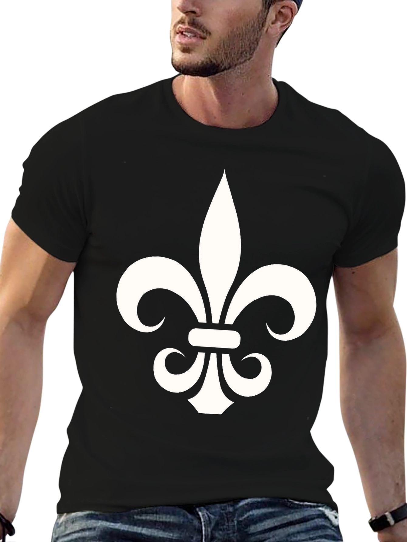 Black Fleur-de-Lis Graphic Tee - Black Cotton Blend T-Shirt view 6