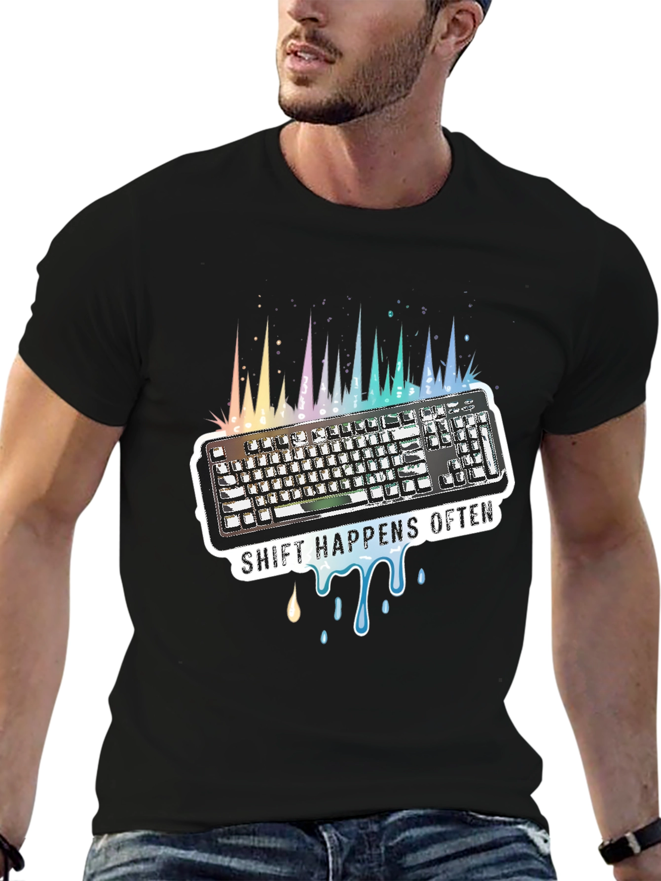 Black Shift Happens Often Keyboard T-Shirt view 6