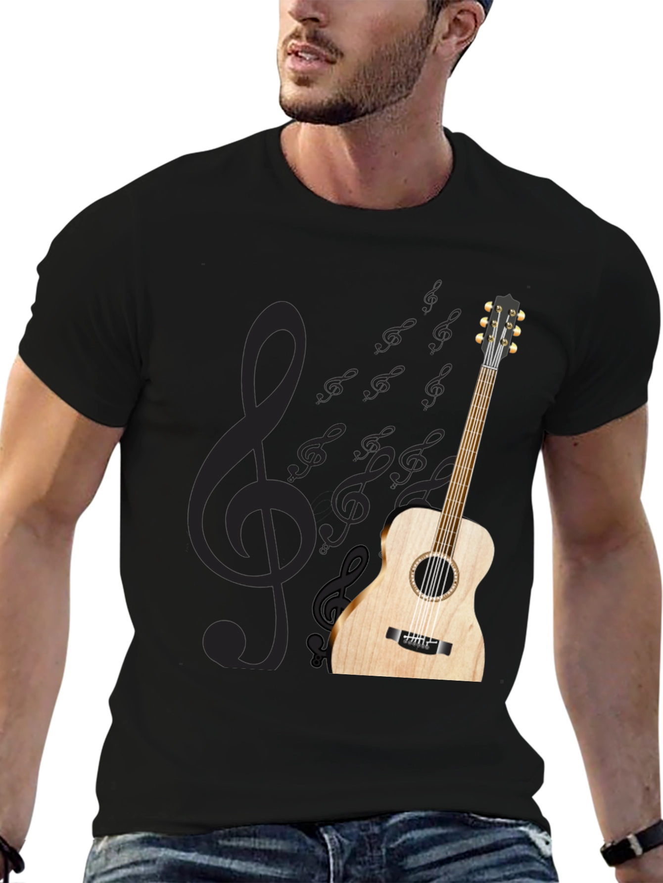 Black Acoustic Guitar Treble Clef Black T-Shirt view 6