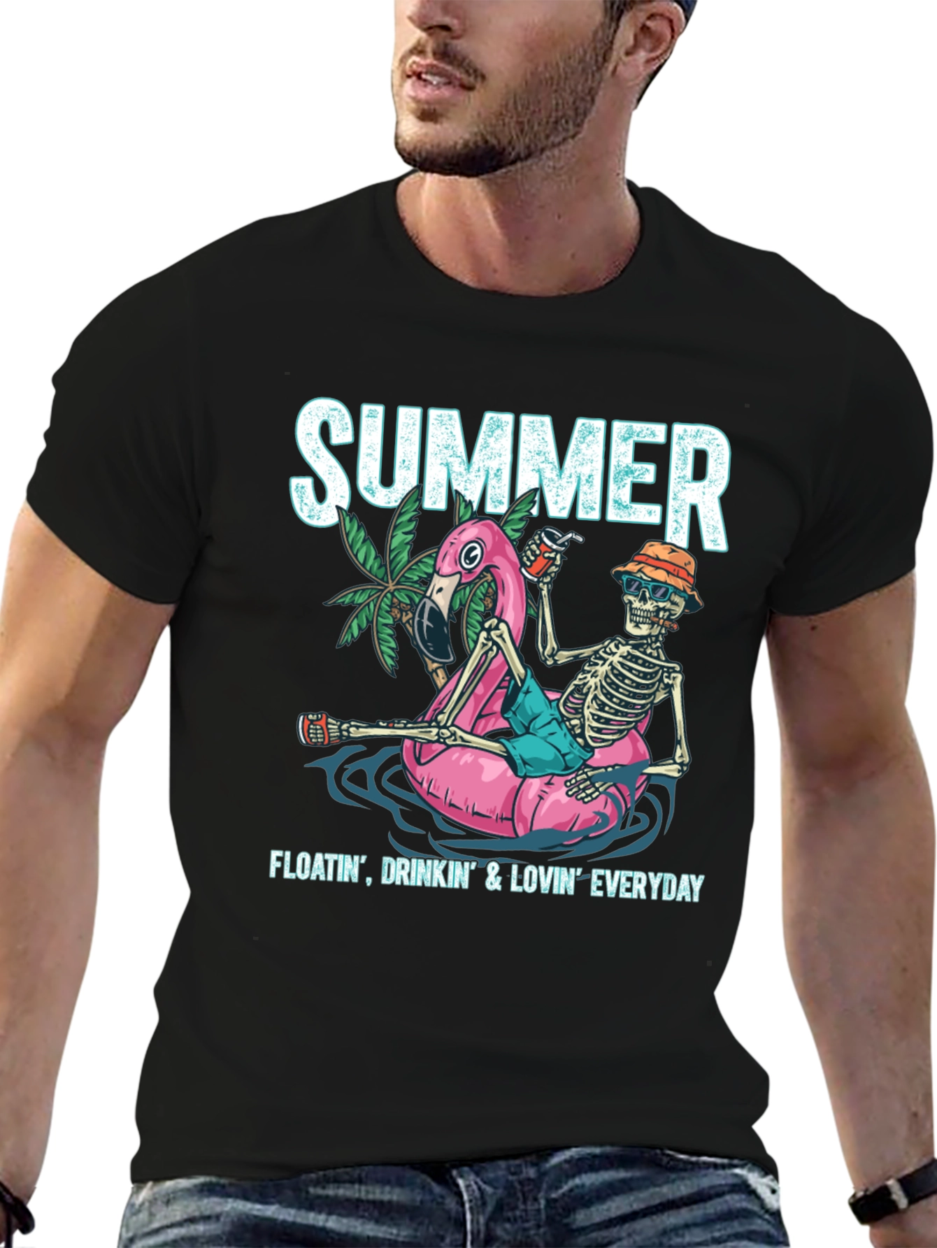 Black Summer Skeleton Flamingo Float T-Shirt view 6