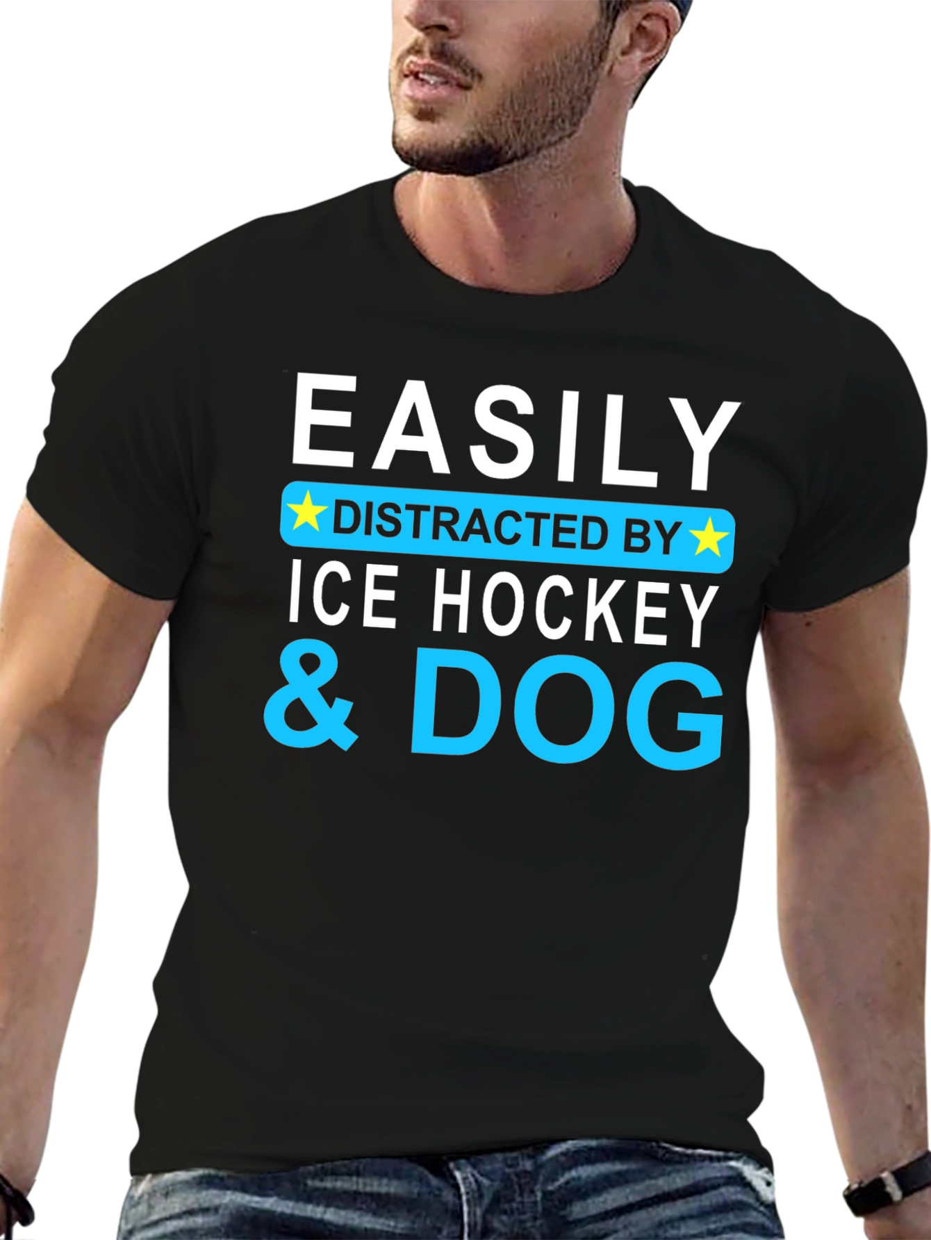 Black Easily Distracted By Ice Hockey & Dog T-Shirt view 6
