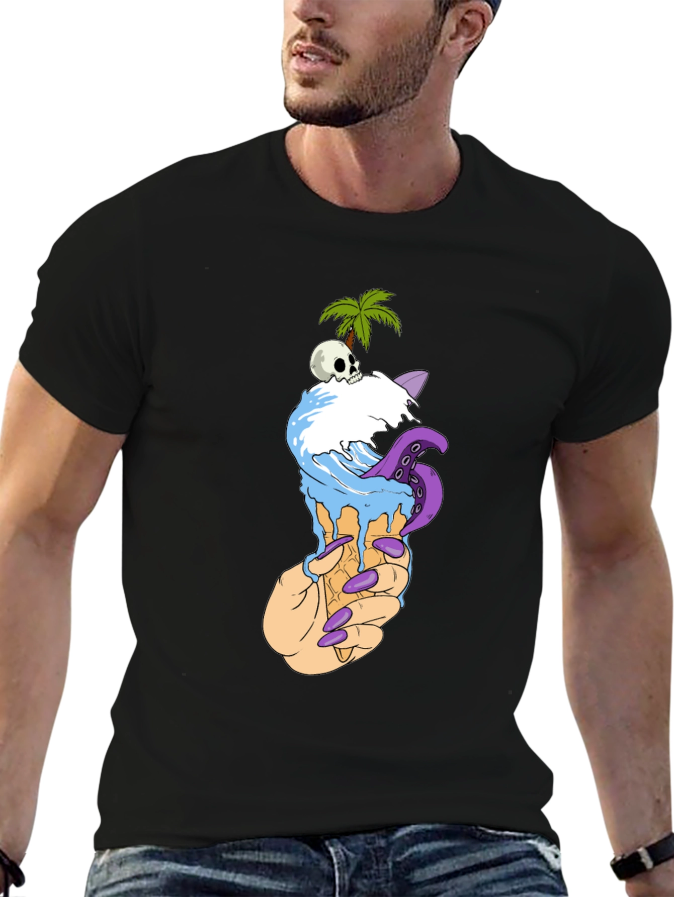 Black Ice Cream Cone Skull Palm Tree Graphic Tee view 6