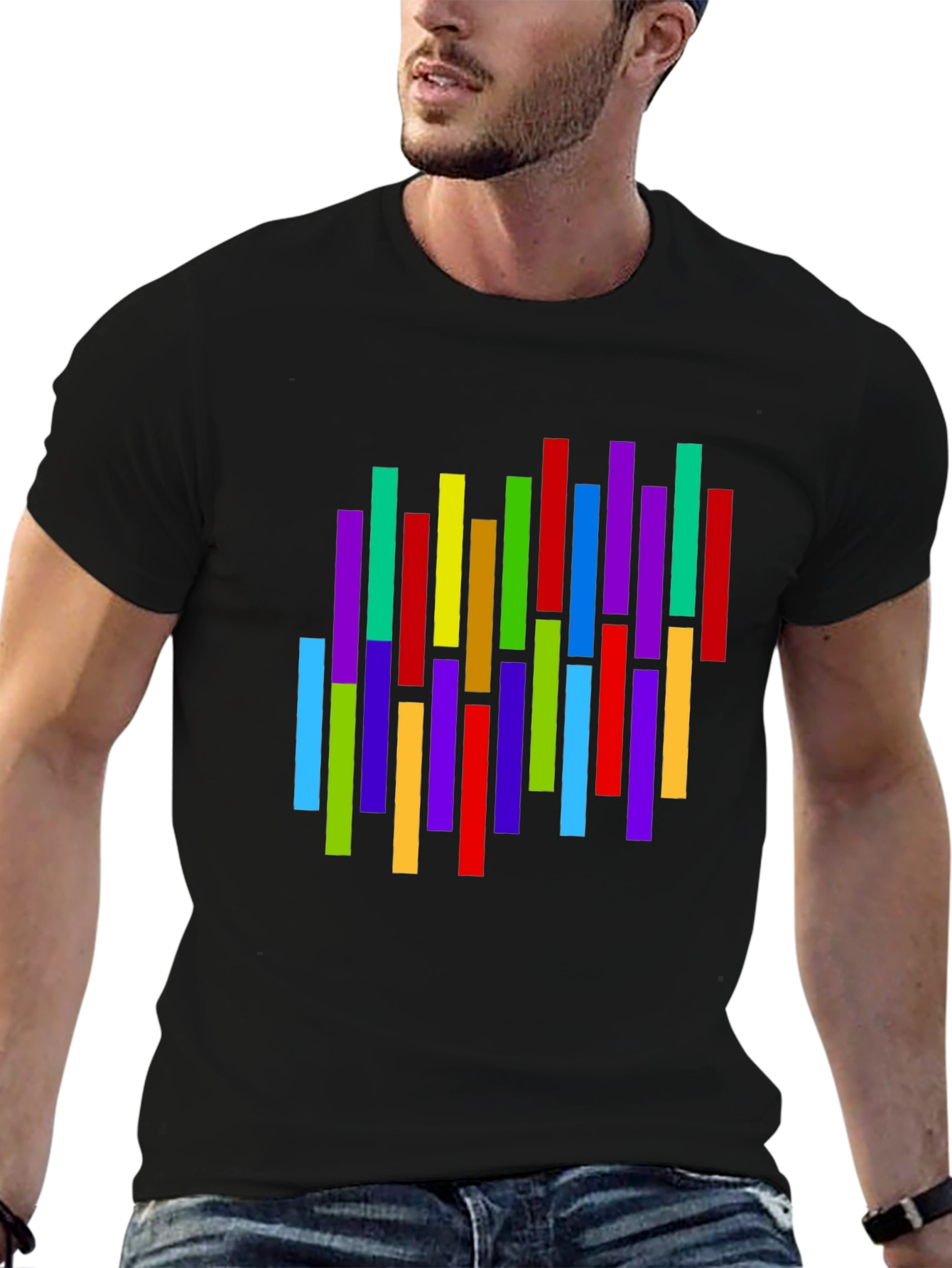Black Colorful Vertical Stripes Graphic T-Shirt view 6