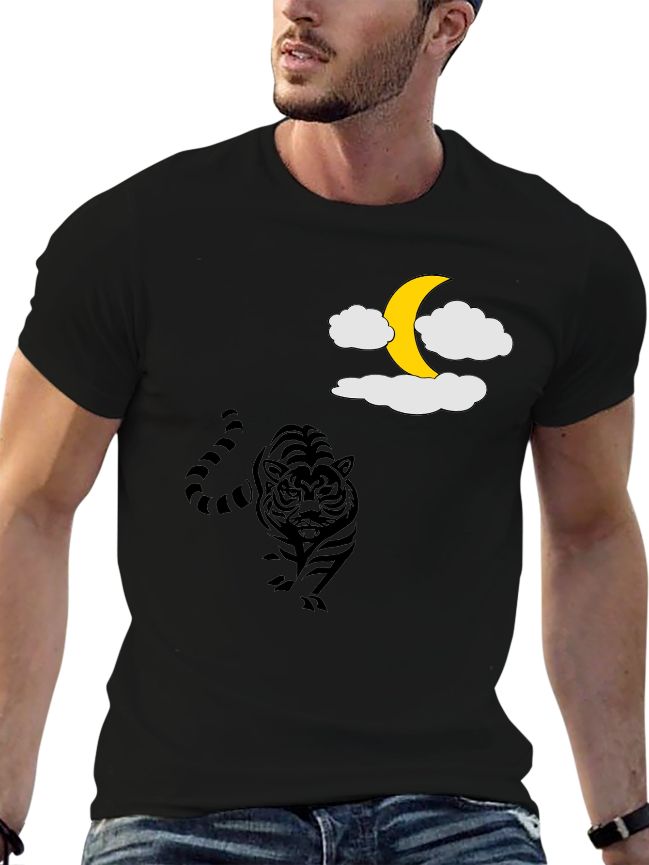 Black Tiger Moon Graphic Tee - Black Cotton T-Shirt view 6
