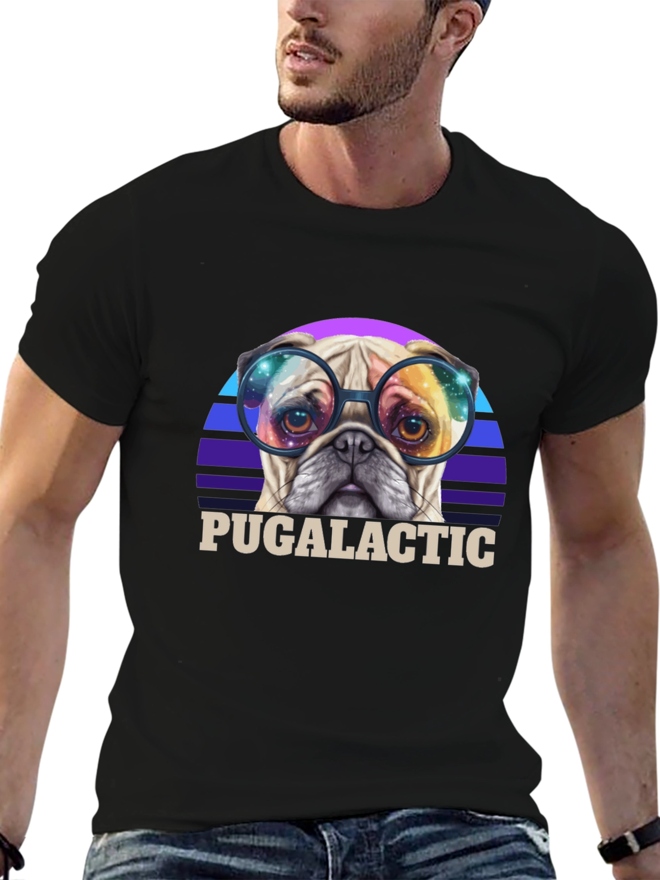 Black Puggalactic T-Shirt: Galactic Pug in Glasses view 6