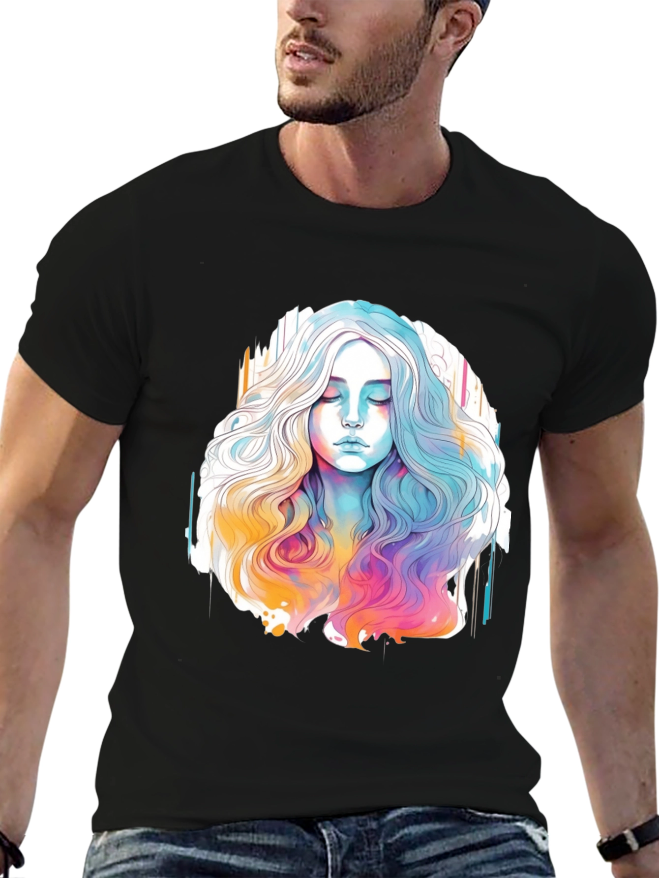 Black Watercolor Woman Graphic Black T-Shirt view 6
