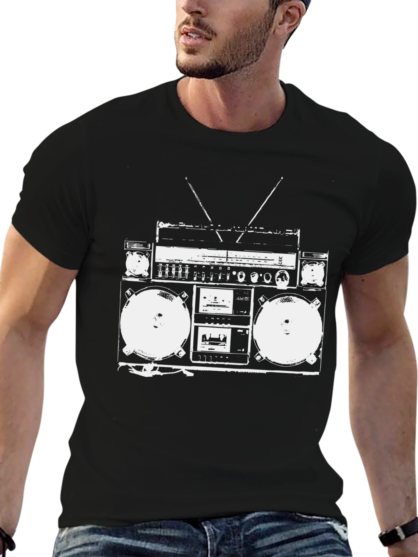 Black Retro Boombox Graphic Tee - Classic Hip Hop Style view 6