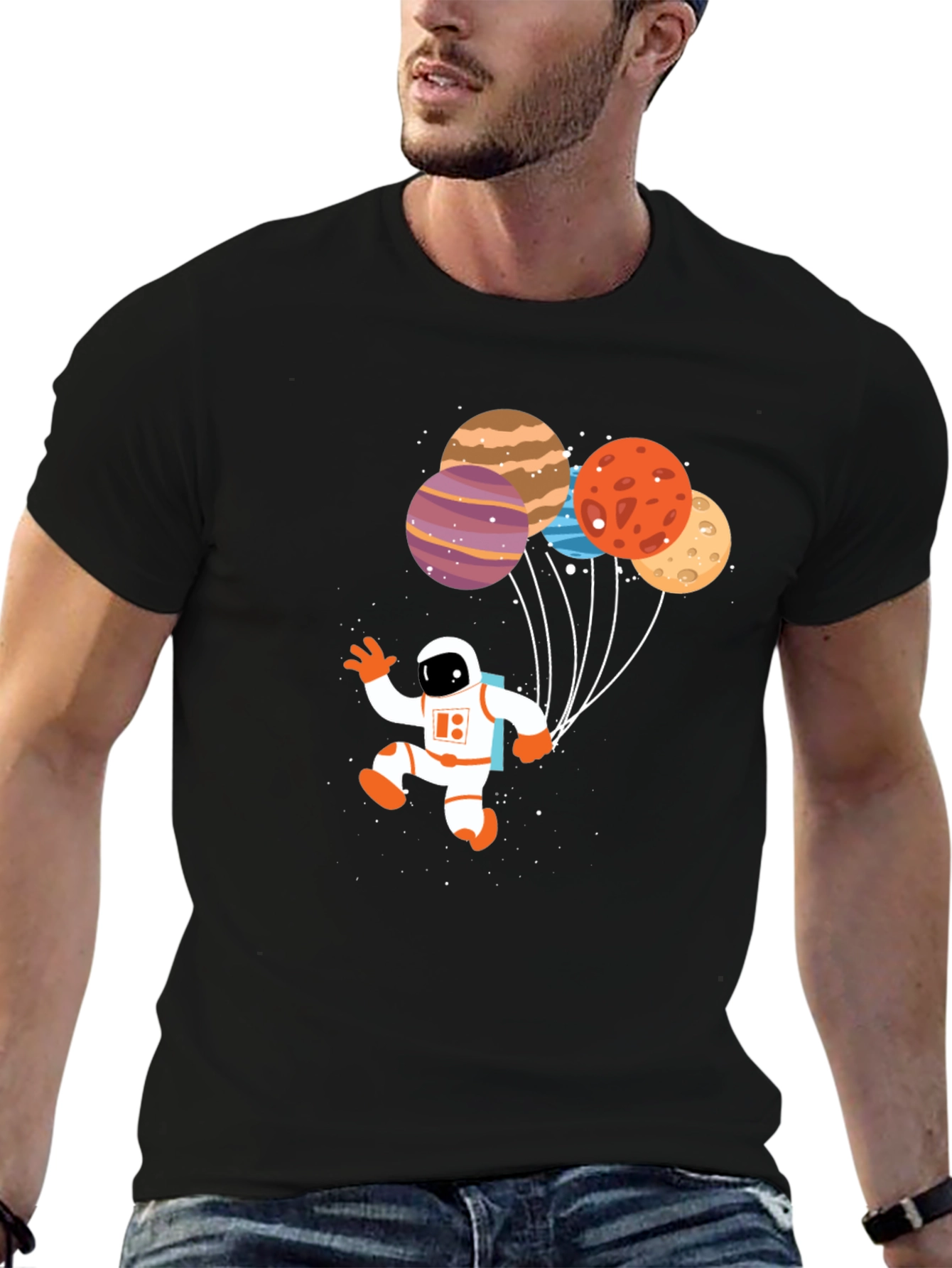 Black Astronaut Planet Balloons Graphic T-Shirt view 6