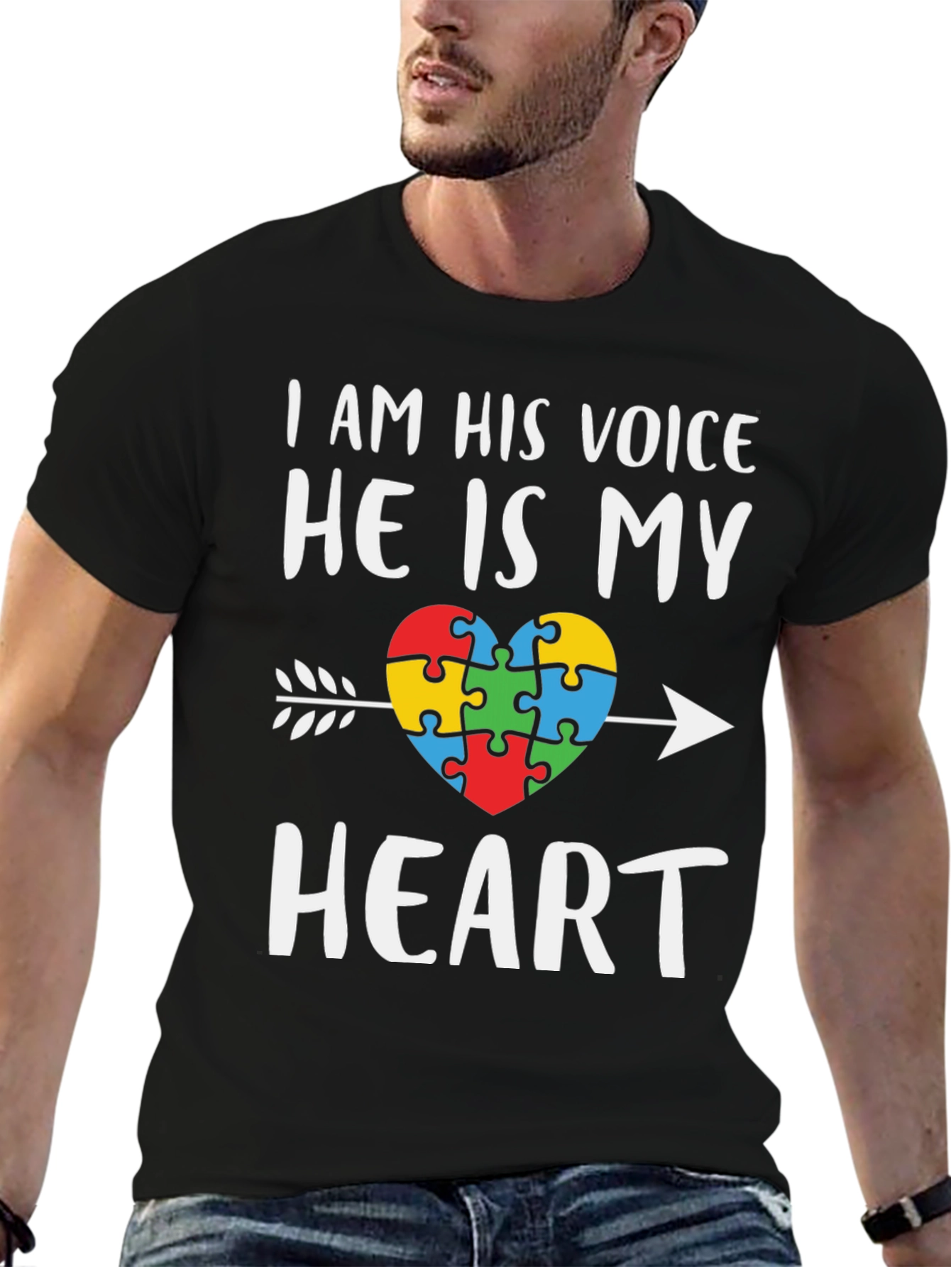 Black Autism Awareness Heart T-Shirt - I Am His Voice view 6