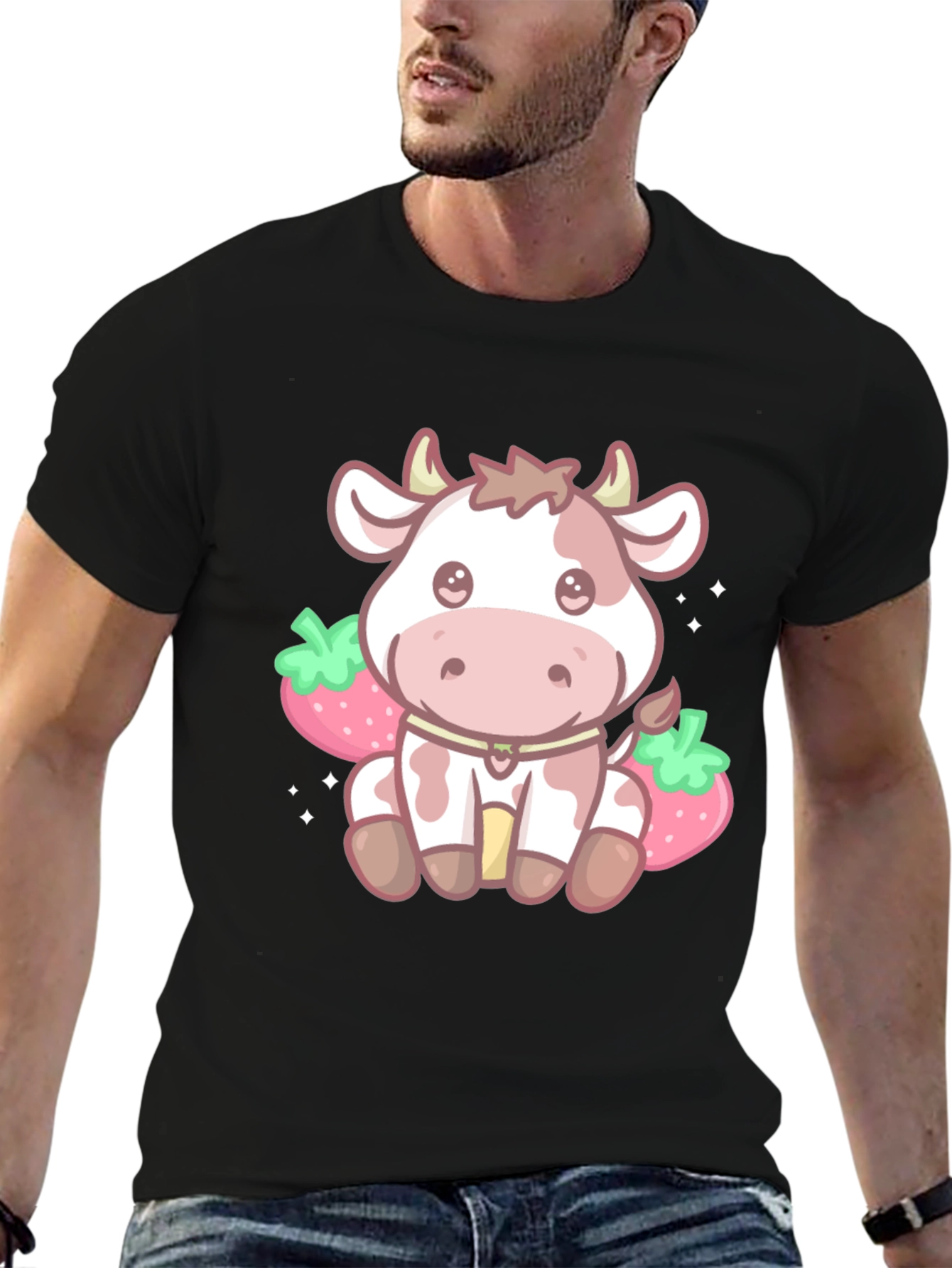 Black Kawaii Cow & Strawberry Graphic Tee - Black view 6