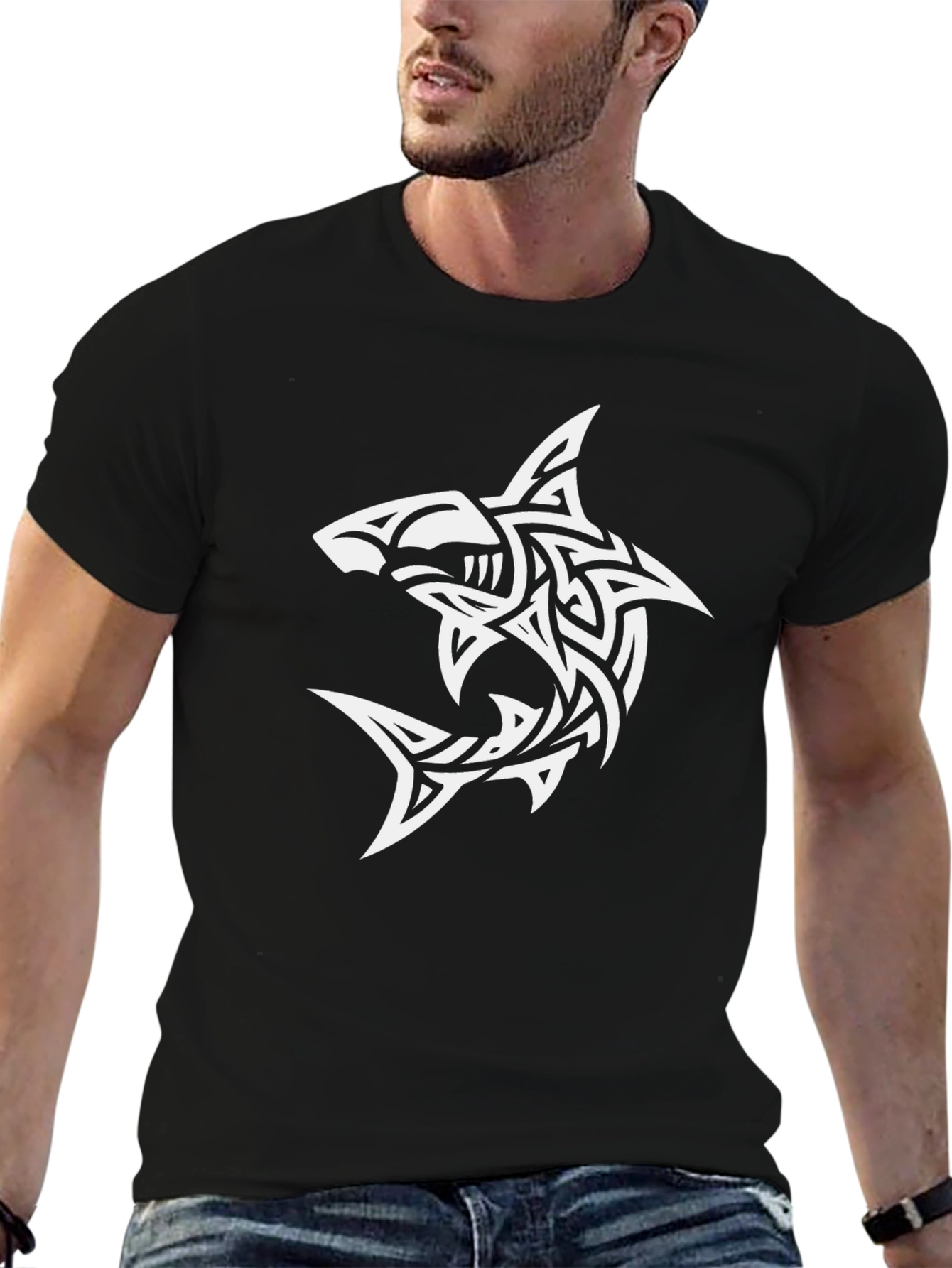 Black Tribal Shark Graphic Tee - Black Cotton T-Shirt view 6
