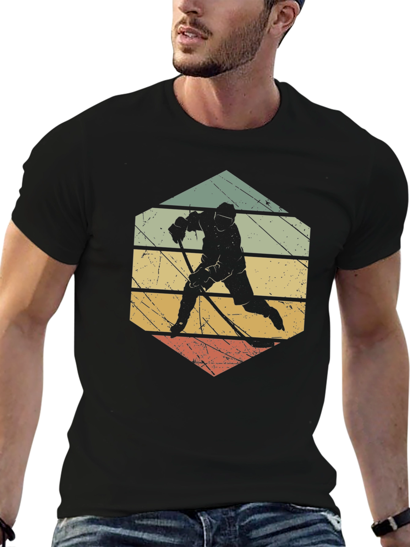 Black Retro Hockey Player Graphic T-Shirt view 6