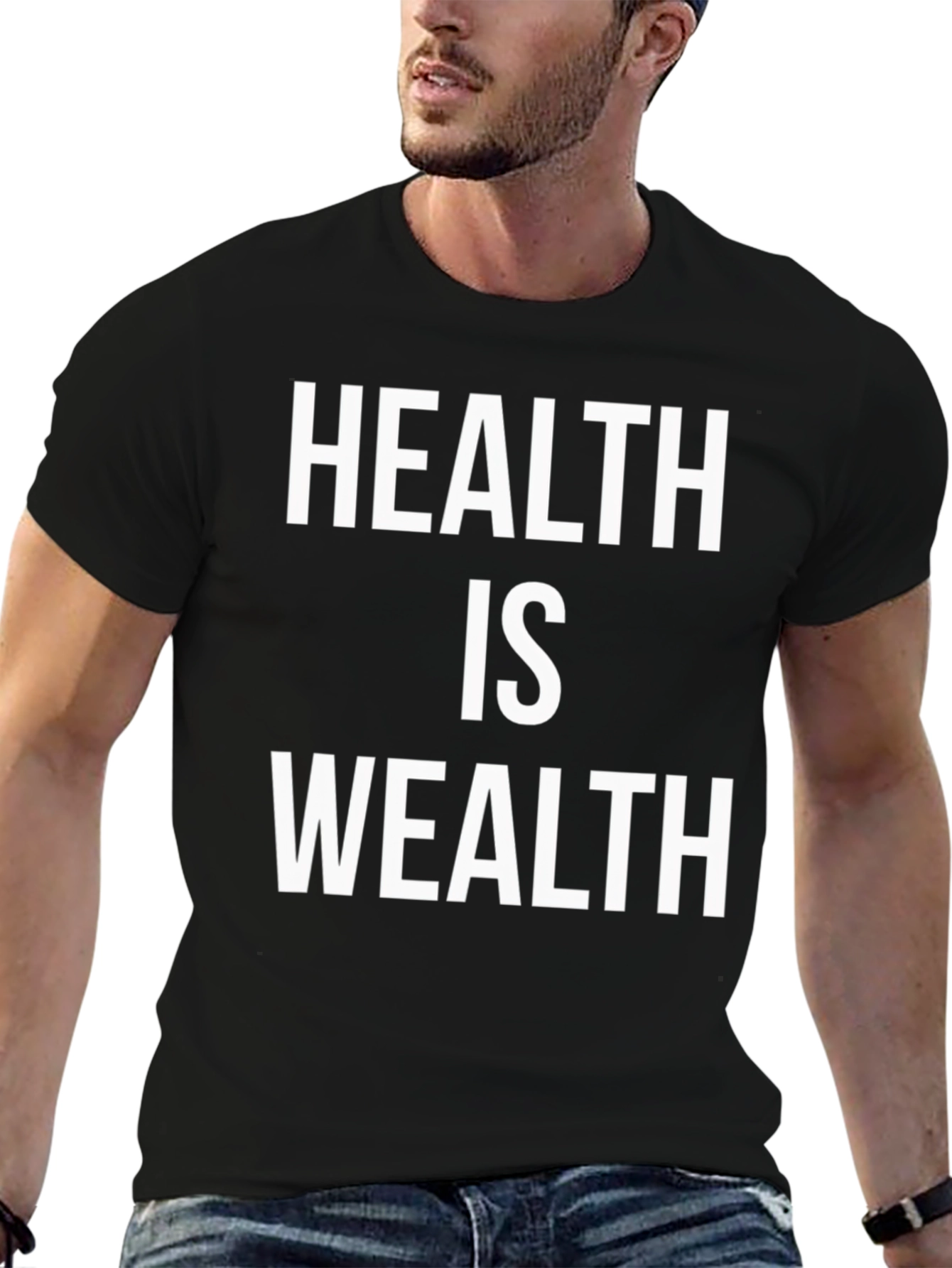 Black Health is Wealth Graphic T-Shirt - Black Crew Neck view 6