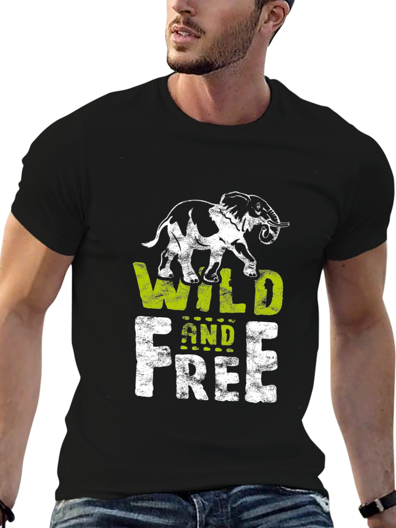 Black Wild and Free Graphic T-Shirt - Elephant Design view 6