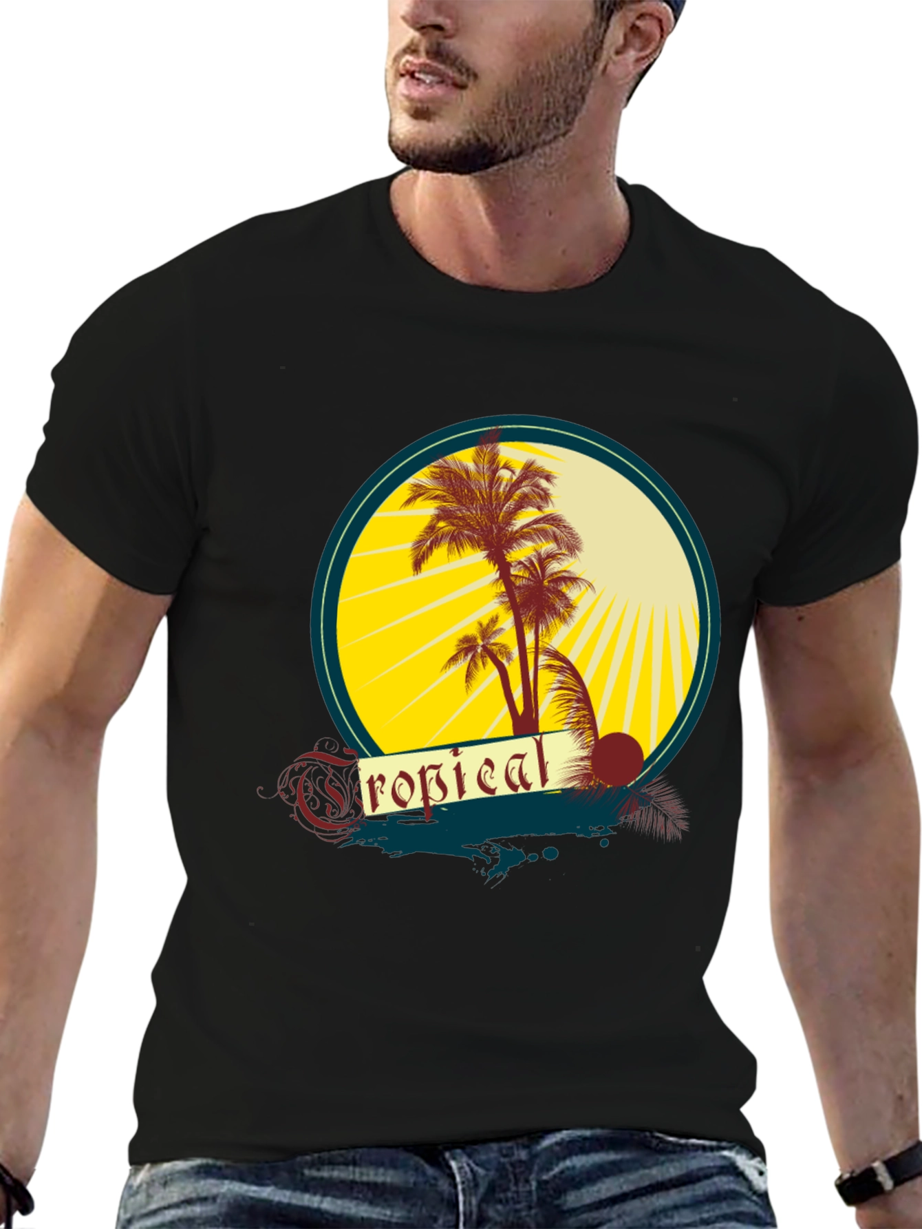 Black Tropical Palms Graphic Tee - Black Cotton T-Shirt view 6