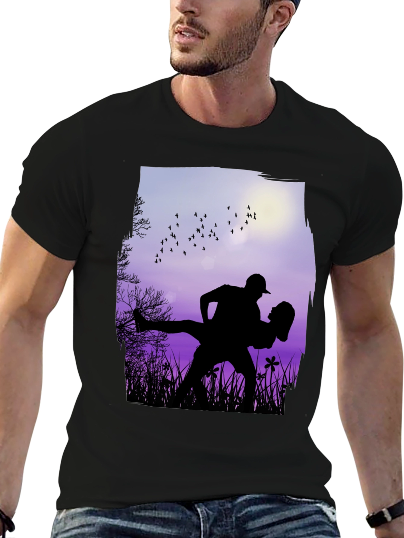 Black Silhouette Couple Dance Graphic T-Shirt - Romantic Design view 6