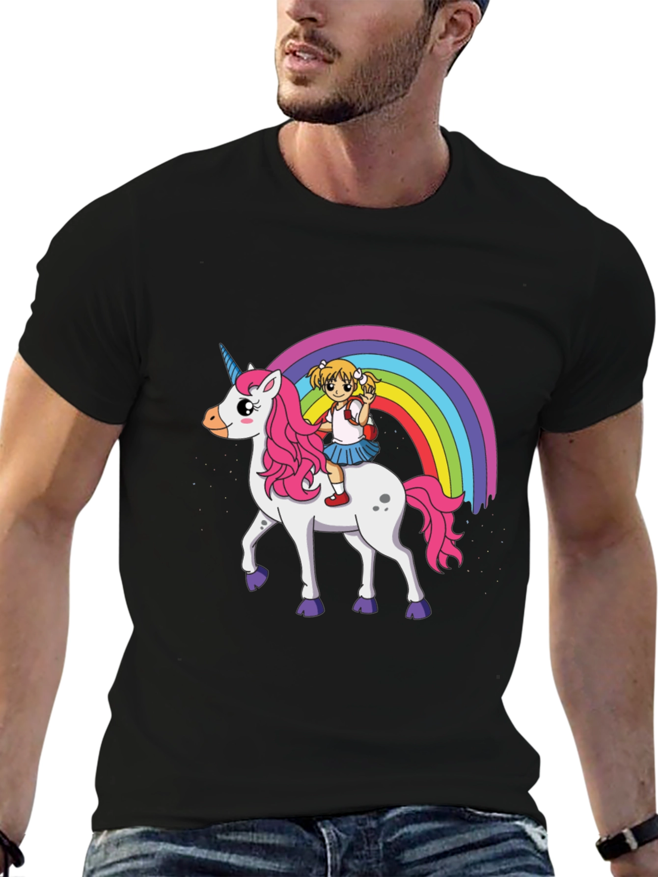 Black Unicorn Rainbow Ride Graphic T-Shirt view 6