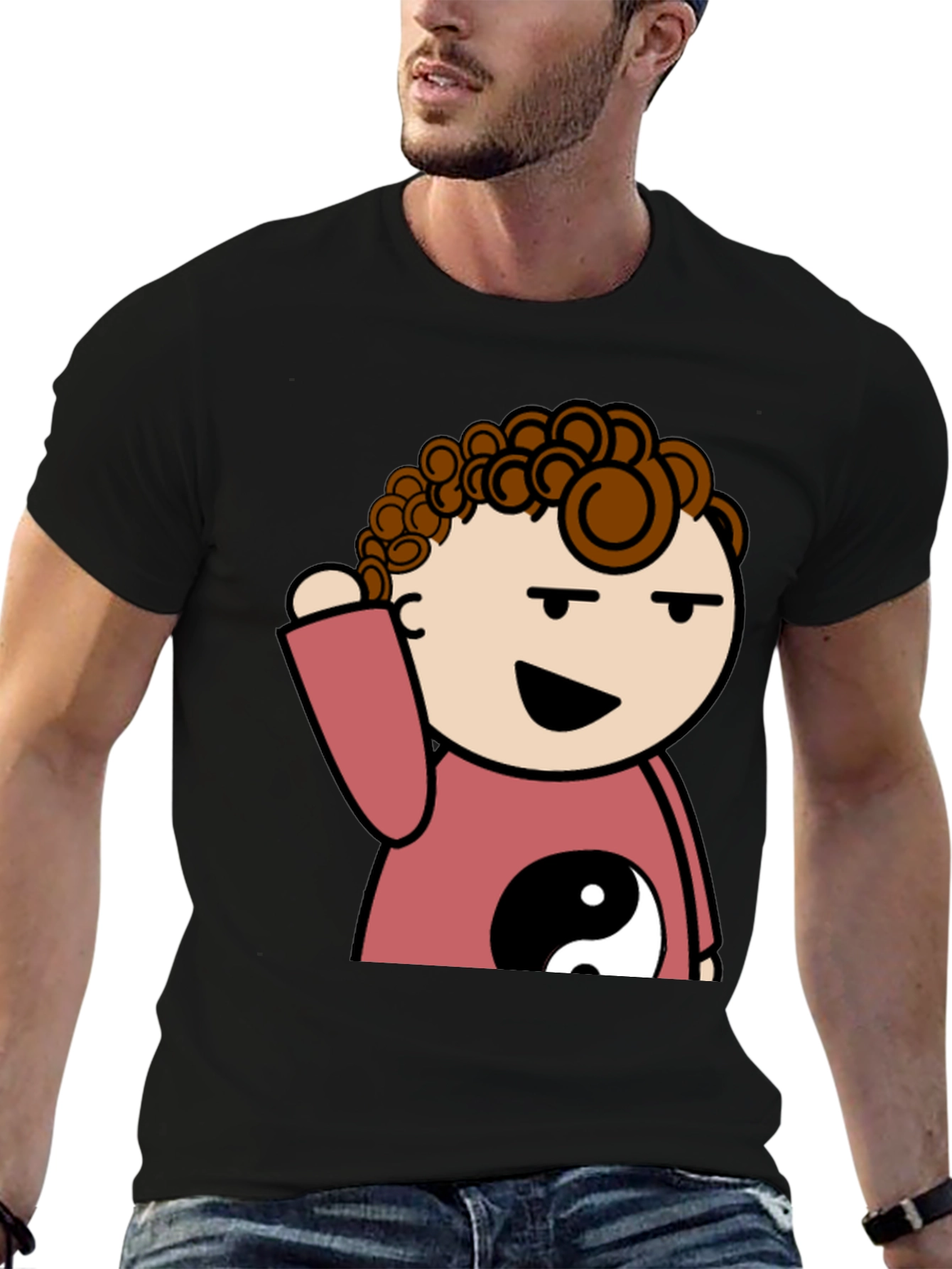 Black Yin Yang Cartoon Tee - Mens Black T-Shirt view 6