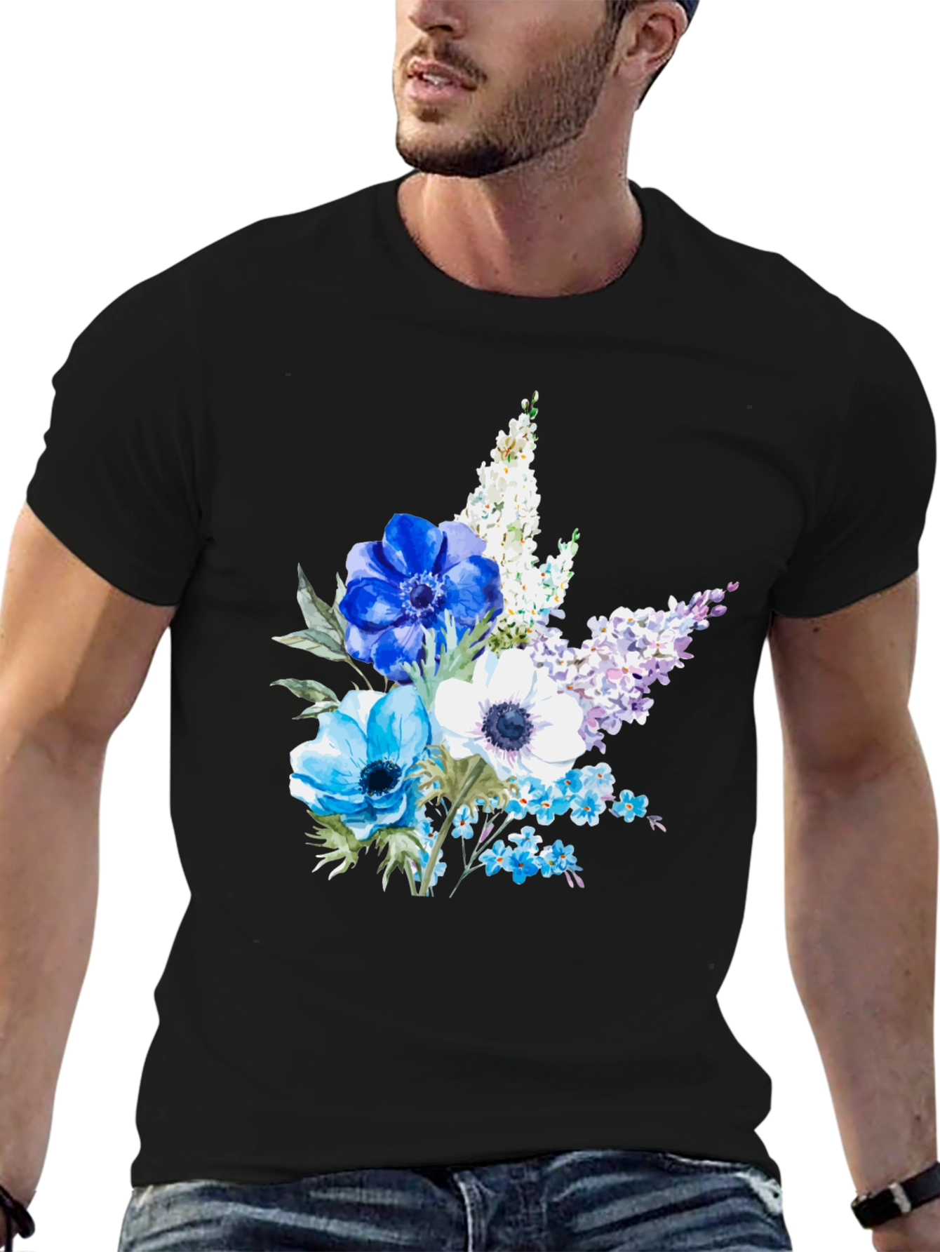 Black Floral Anemone Print Black T-Shirt view 6