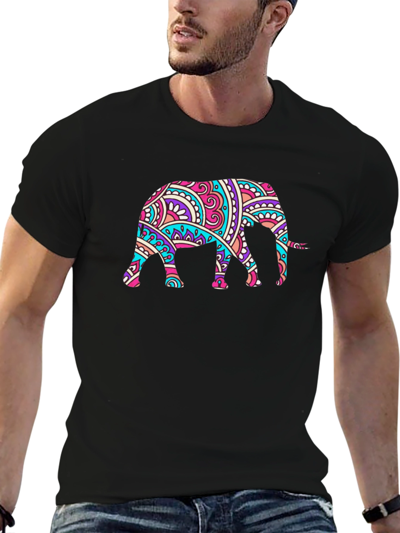 Black Elephant Mandala Graphic Black T-Shirt view 6