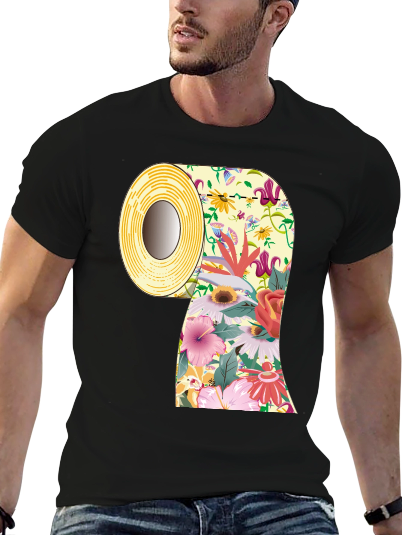Black Floral Toilet Paper Roll Graphic T-Shirt view 6