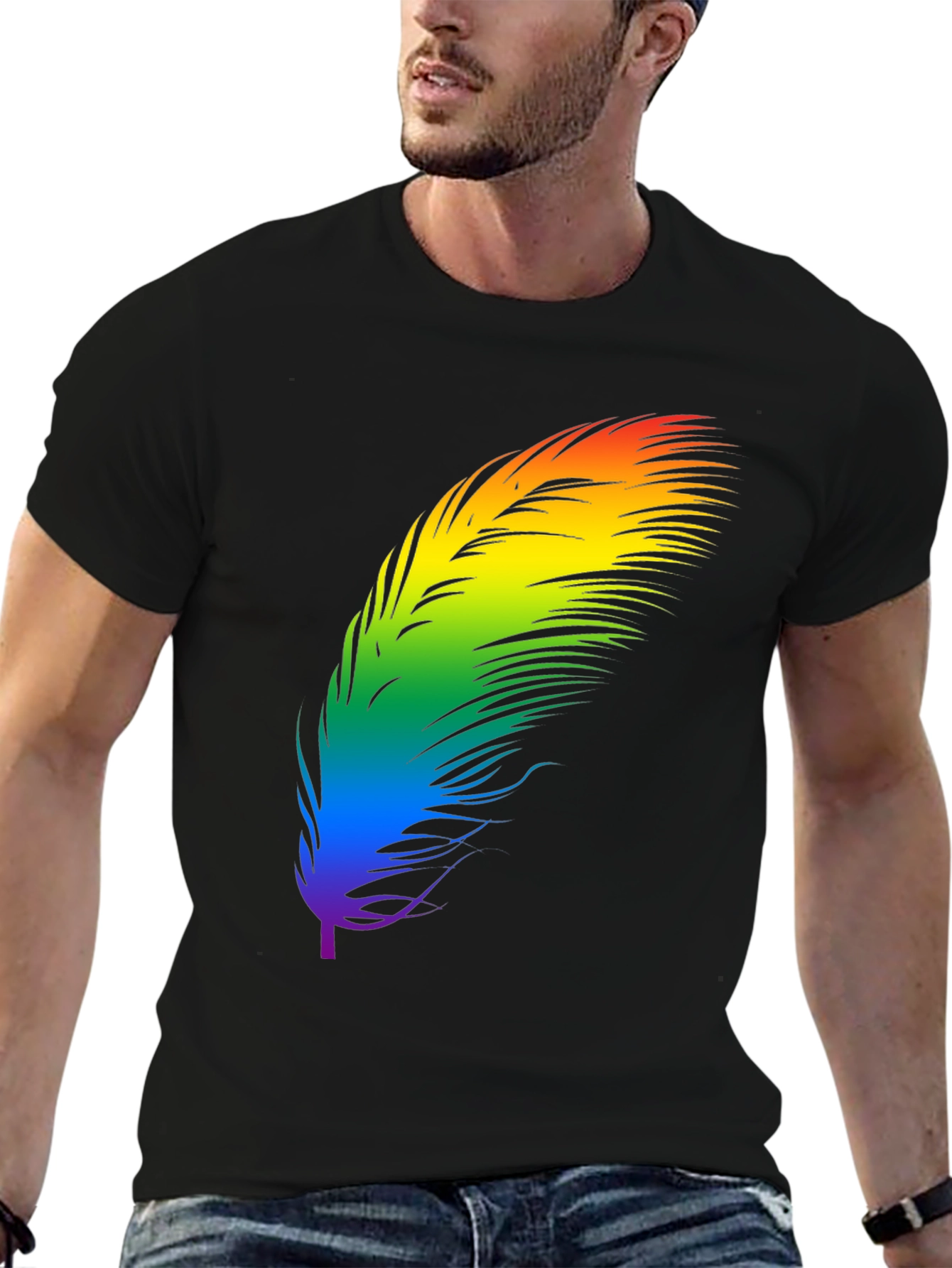 Black Rainbow Feather Graphic Tee - Black Cotton Blend Shirt view 6