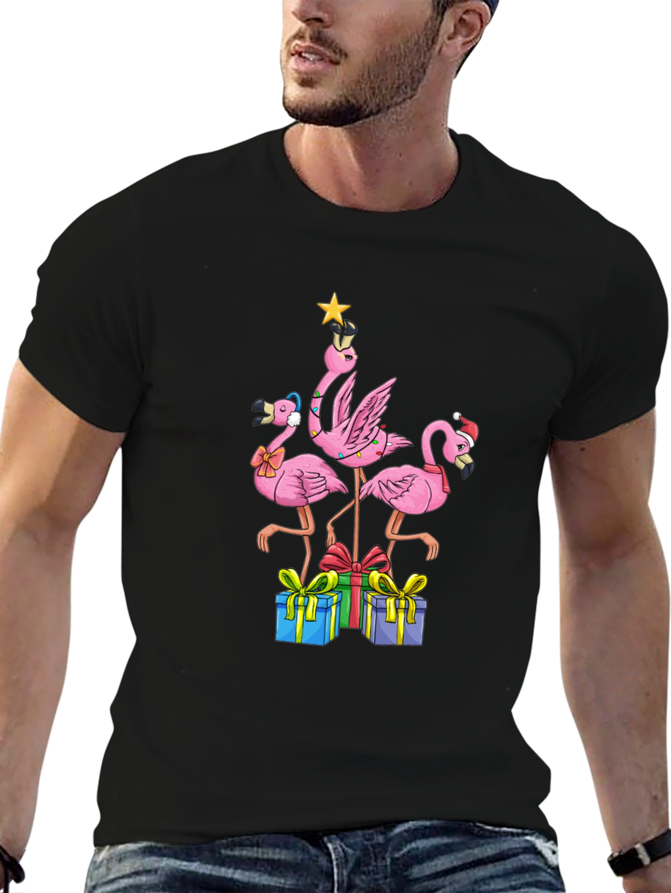 Black Festive Flamingo Christmas T-Shirt view 6