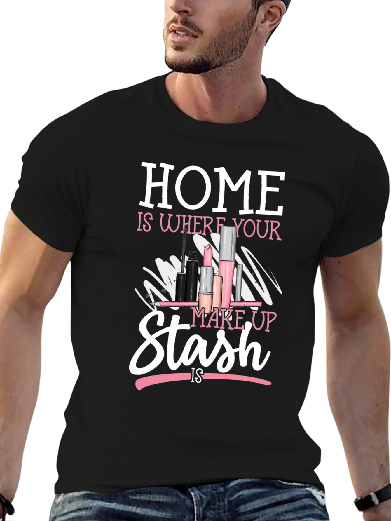 Black Makeup Lover's T-Shirt - "Home is Where Your Makeup Stash Is" view 6